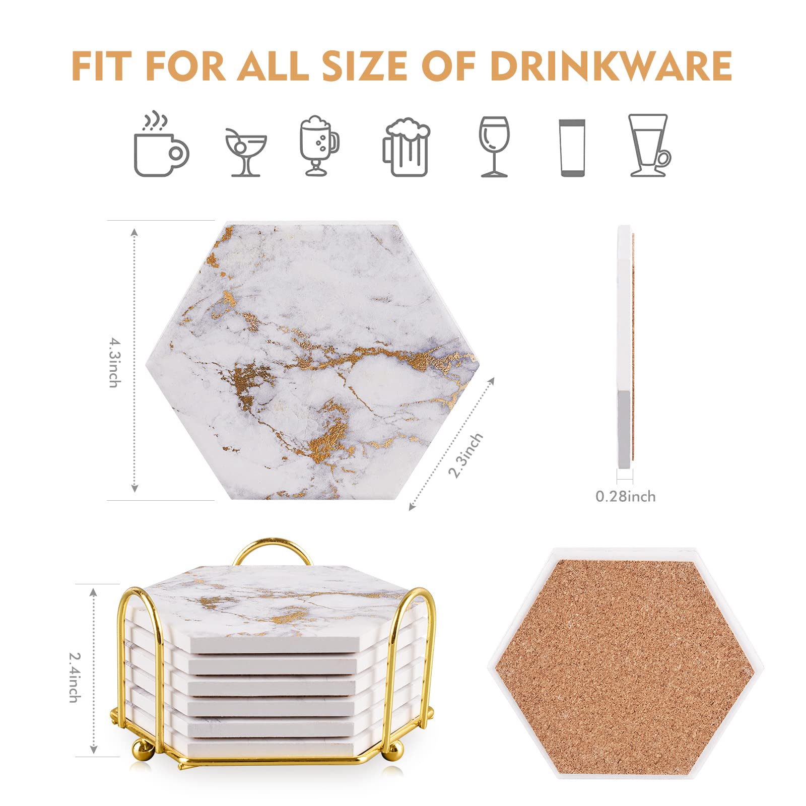 Gold Marble Drink Coasters with Holder - Home Decor & Gift for Coffee Table