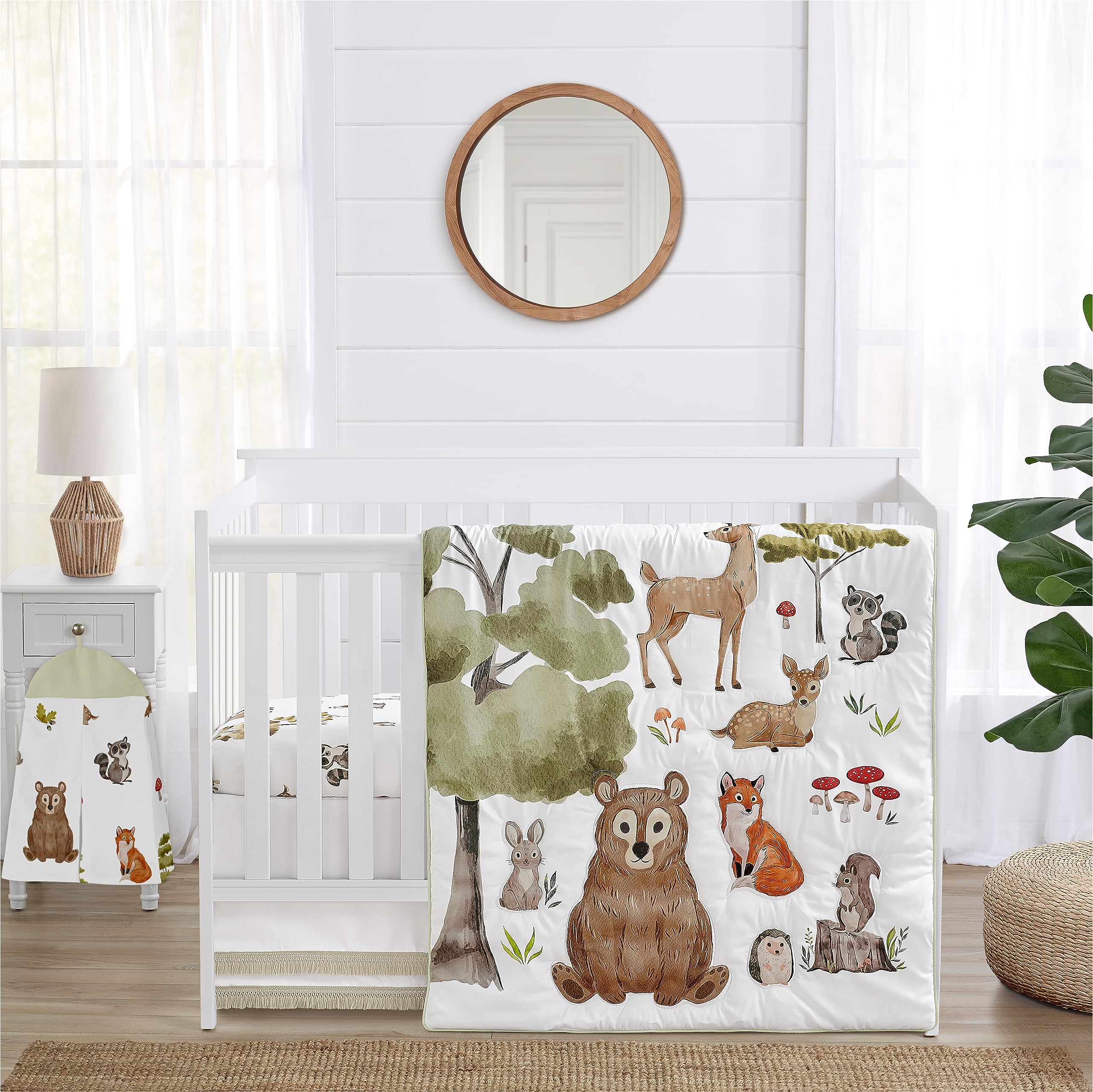 Sweet Jojo Designs 4-Piece Baby Crib Bedding Set - Woodland Animals Nursery Set for Boys & Girls (Blanket, Fitted Sheet, Skirt, Diaper Stacker) | Neutral Forest Theme with Bear & Hedgehog | Perfect for Newborn Nursery Decor & Baby Shower Gifts