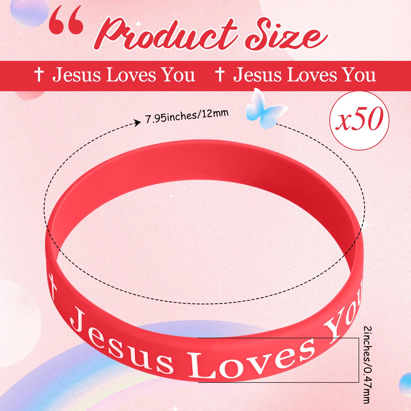 50 Pcs Jesus Loves You Silicone Wristbands - Christian Motivational Rubber Bracelets for Men & Women - Religious Inspirational Jewelry - Church Gifts & Party Favors (Red) - Perfect for Worship Services, Bible Study Groups & Christian Events