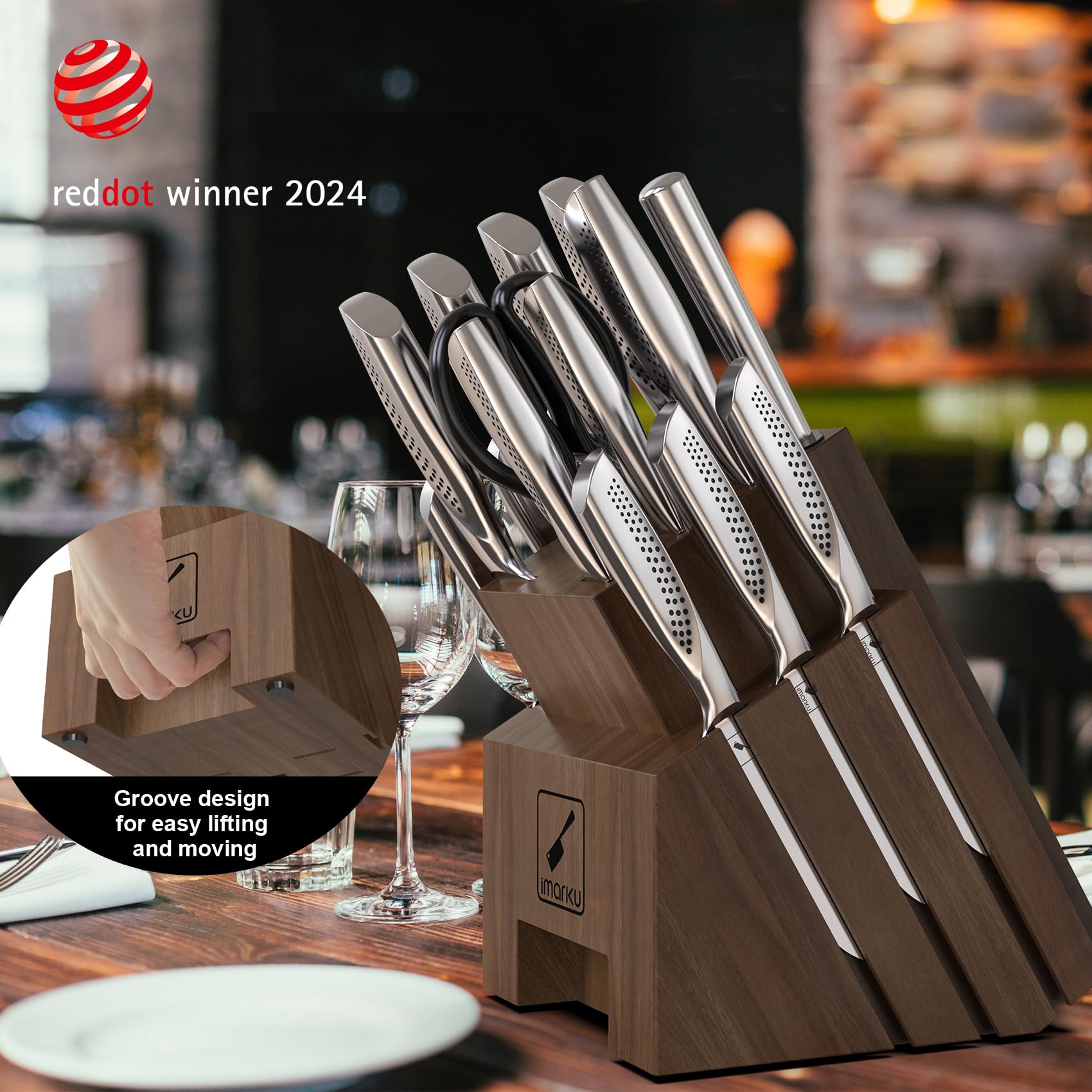 Imarku 16-Piece High Carbon Stainless Steel Kitchen Knife Set with Wooden Block - Ultra Sharp Japanese Knives with Non-Slip Ergonomic Handle, Dark Brown - Perfect for Home Chefs, Cooking Enthusiasts & Wedding Gifts