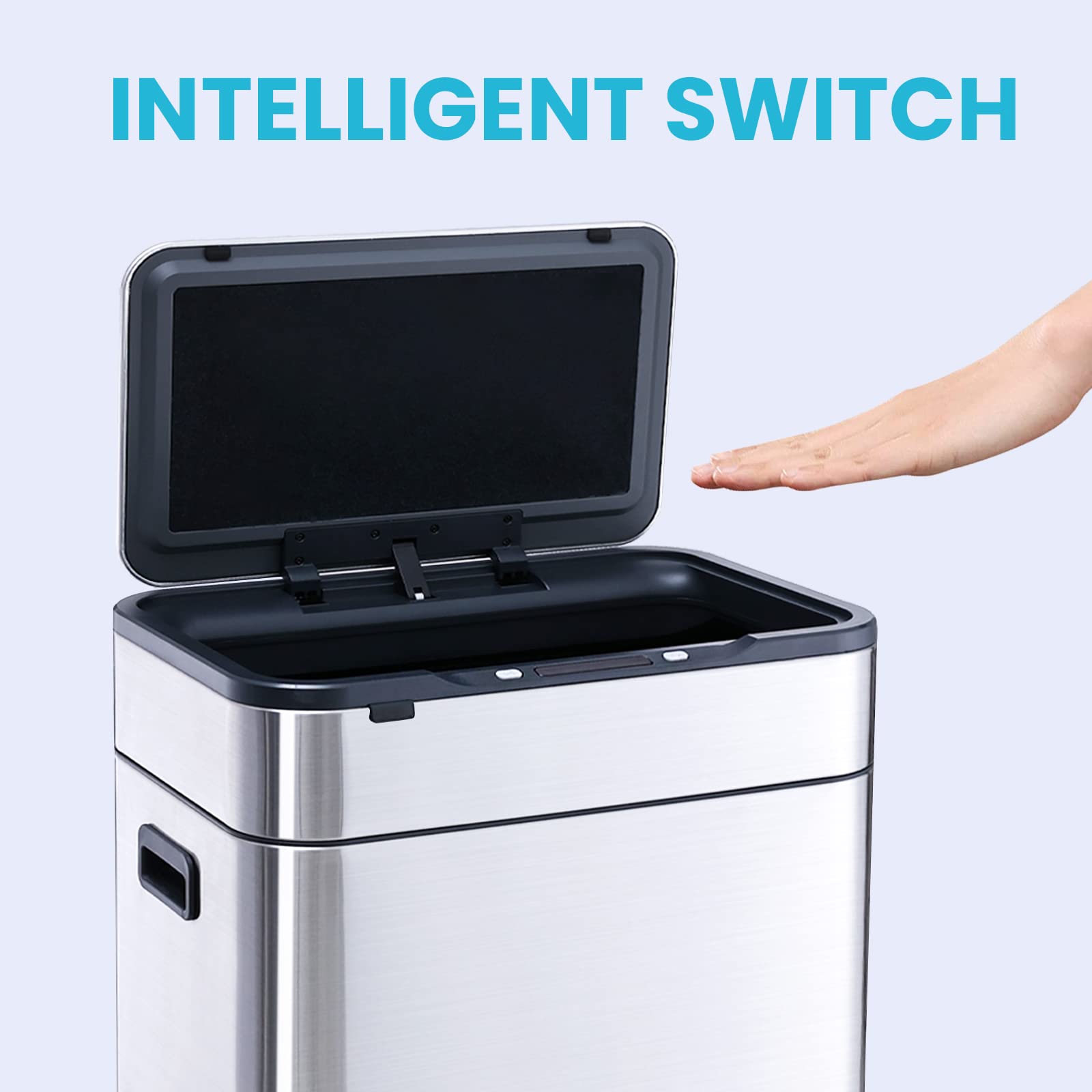 ELPHECO 12 Gallon Stainless Steel Motion Sensor Trash Can - Brushed Metal, No Inner Bucket, Large Capacity with Wooden Legs for Modern Kitchen & Office Use