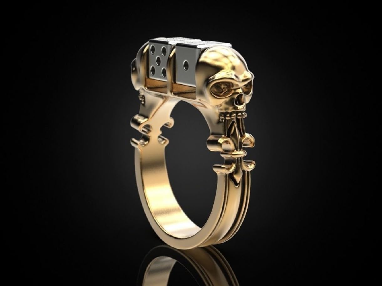 Skull Dice Biker Ring for Men - Gothic Punk Hip Hop Jewelry, Lucky Two-Tone Gold Halloween Skull Ring | Perfect for Bikers, Gamers & Gothic Fashion Enthusiasts