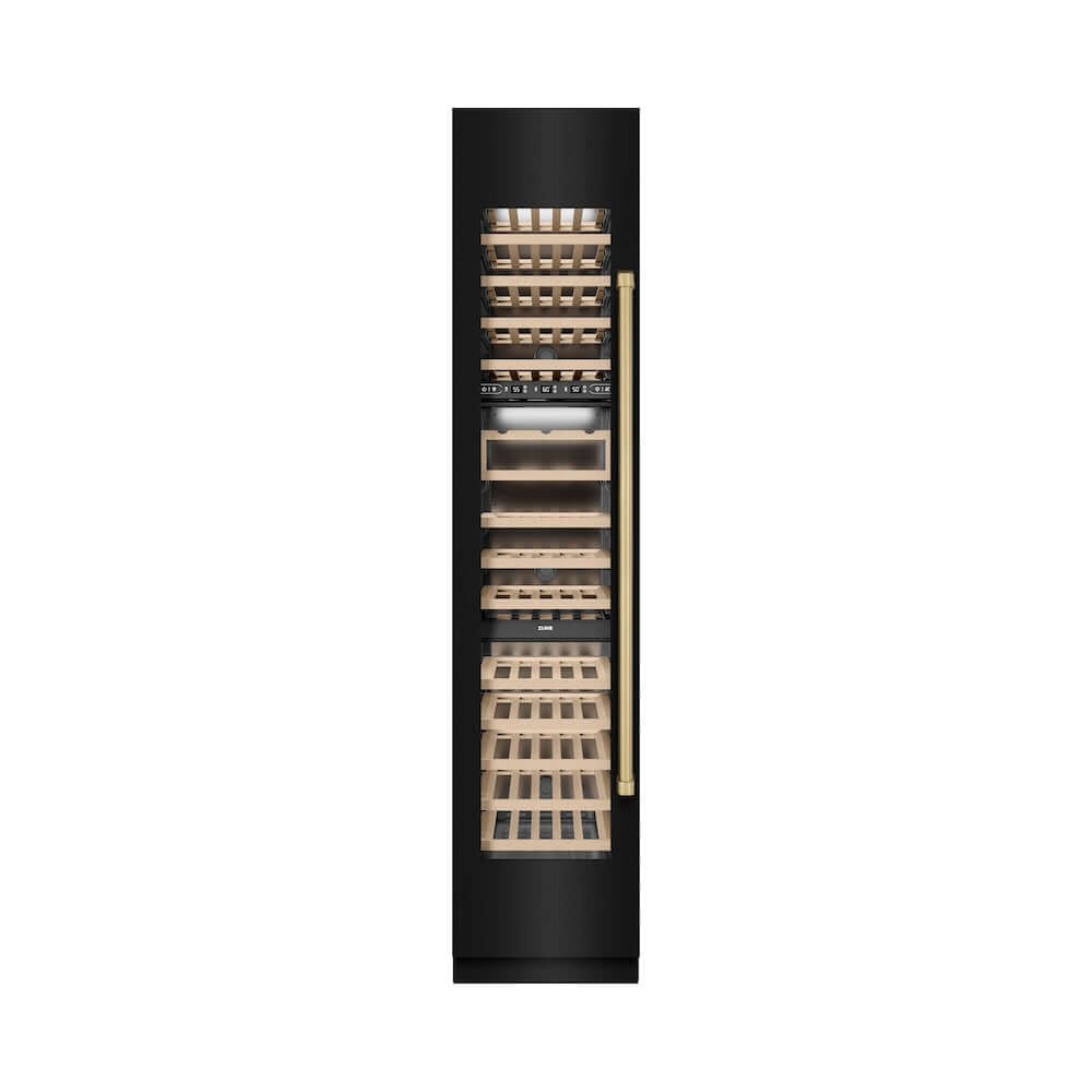 ZLINE Autograph Edition 18 Inch 9.0 cu ft Triple Zone 68 Bottle Left Hinge Column Wine Cooler - Black Stainless Steel with Champagne Bronze Accents - Perfect for Wine Cellars, Restaurants, and Home Bars (RCWVLZ BS 18 CB)