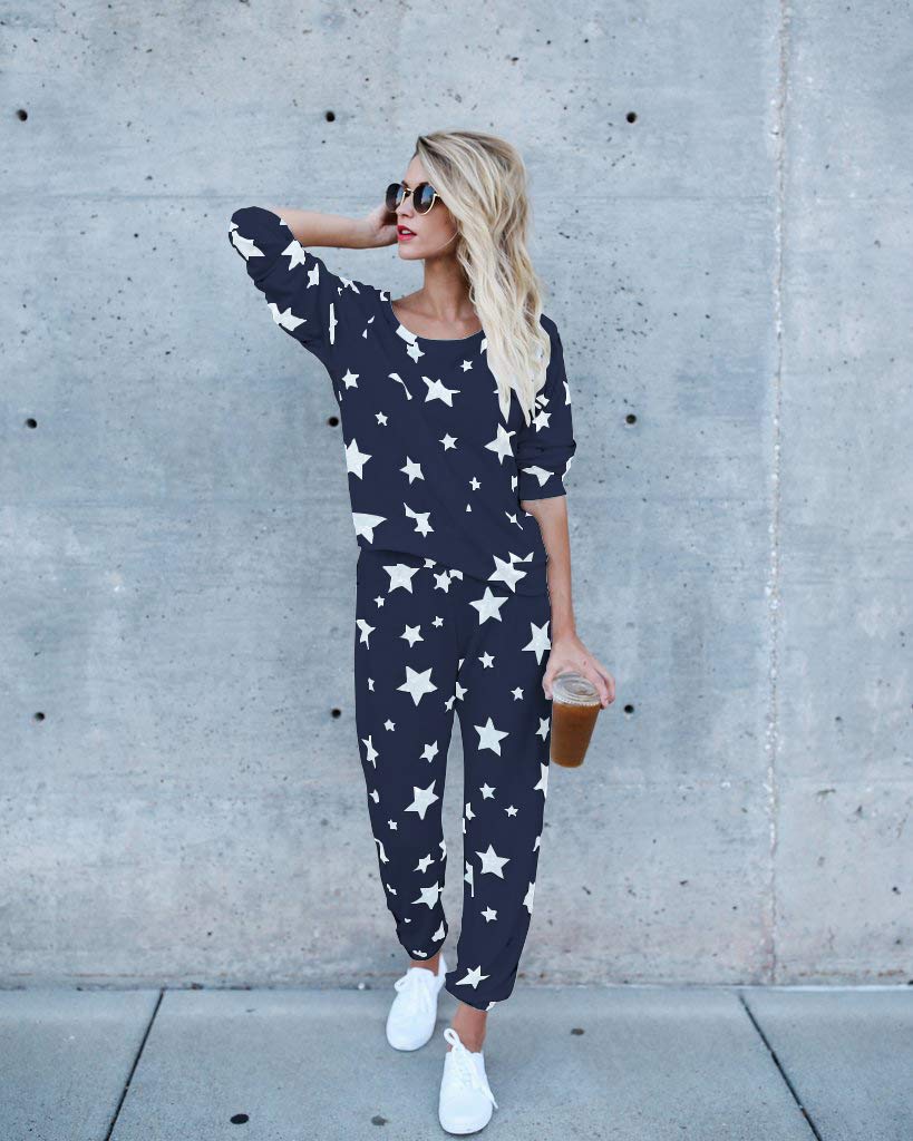 2-Piece Women's Casual Tracksuit Set - Long Sleeve Star Print Sweatshirt & Jogger Pants Outfit | Comfortable Lounge Wear for Home, Gym & Street Fashion