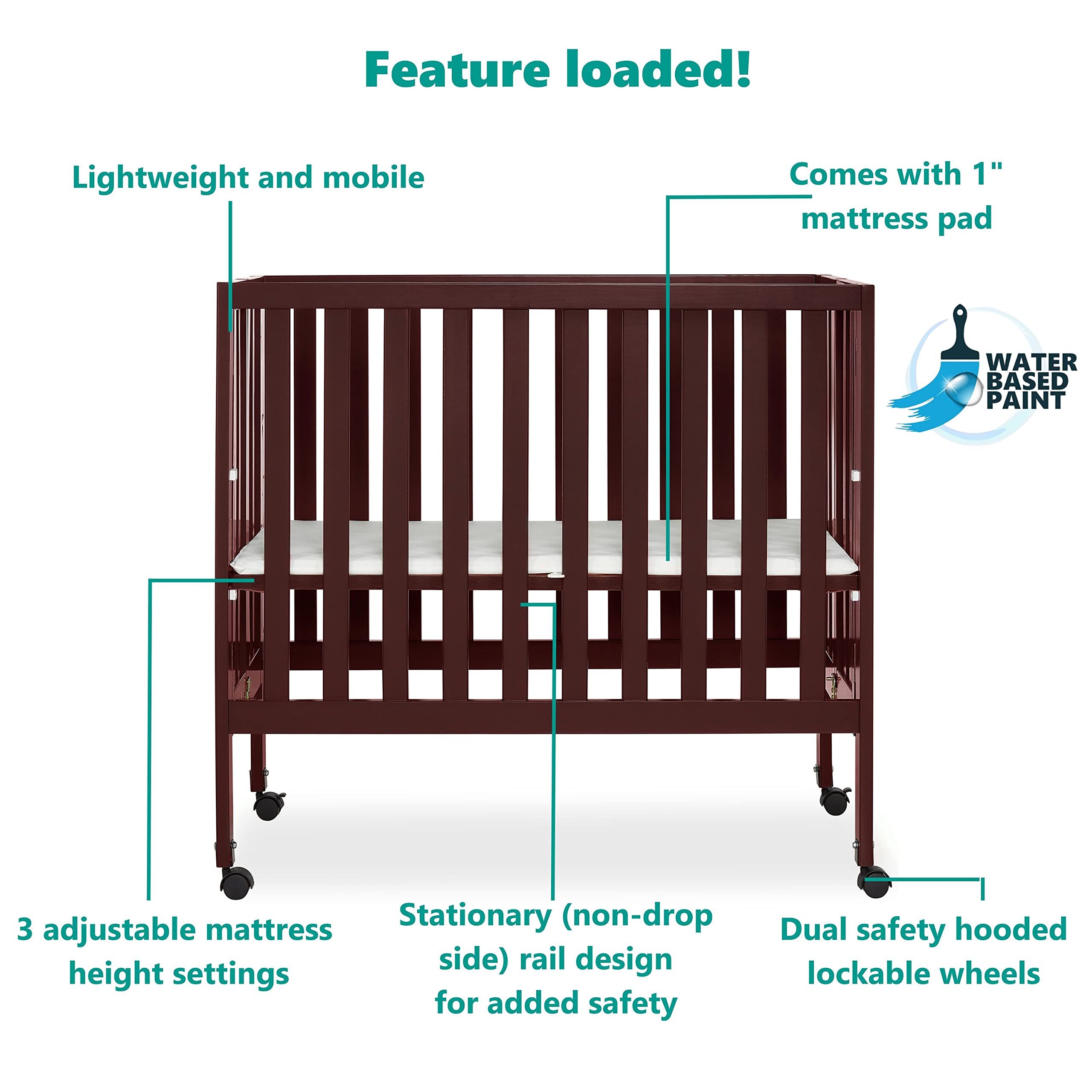 Dream On Me Jett Non-Full Size Folding Convertible Crib - Lightweight Portable Baby Crib with 3 Adjustable Mattress Heights | Easy Fold Travel Crib for Home & Nursery | Includes 1.5