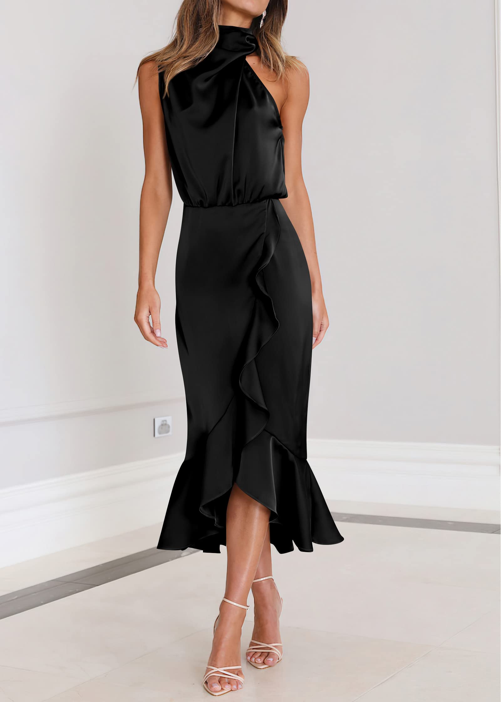 KIRUNDO Women's 2025 Summer Satin Mock Neck Cocktail Dress - Sleeveless Wrap Midi Dress with Ruffle Detail for Wedding Guest, Party & Formal Occasions