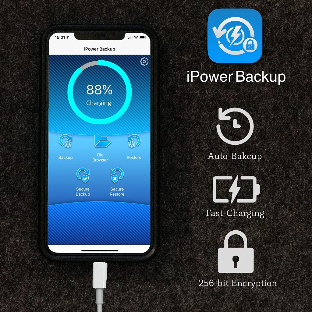 SUNPROTECTED iPower Pro Auto Backup USB Power Bank - 3-in-1 Portable Charger with AES-256 Encryption for iPhone iPad (Supports Photo/Video Backup & Face ID) | Perfect for Travel, Emergency Power & Data Security