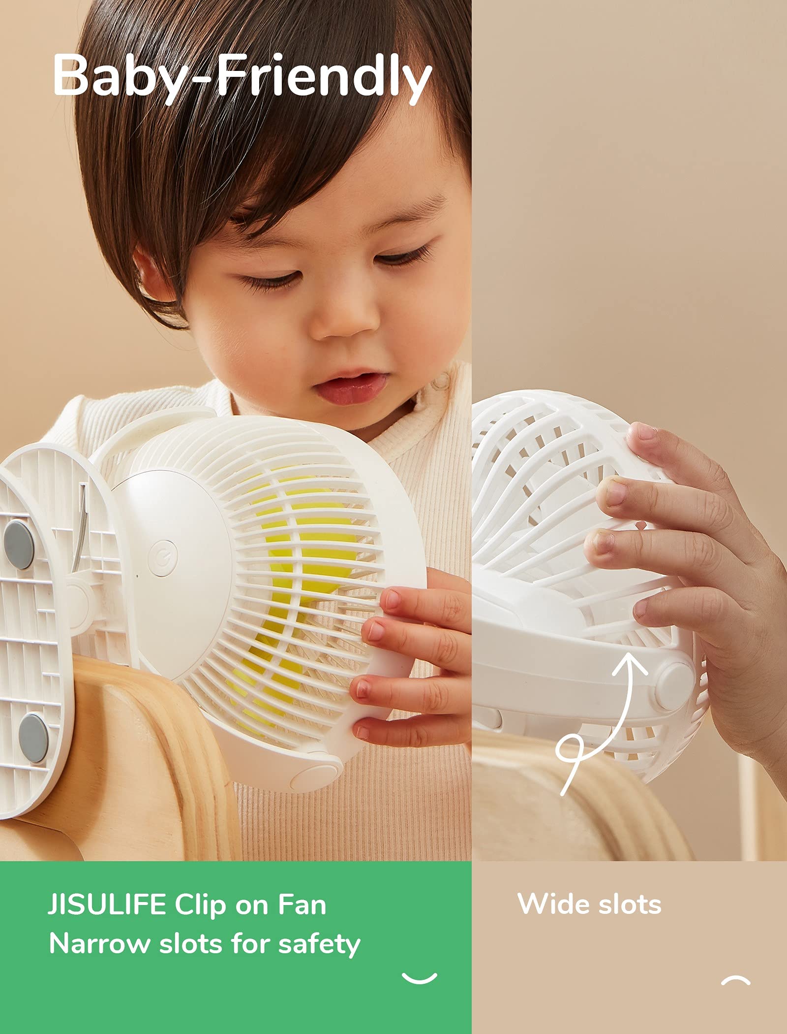 JISULIFE Clip on Baby Stroller Fan - 4000mAh Rechargeable Battery, Portable Personal Mini Fan with Quiet Operation & Narrow Slot Design, 4 Speed Settings, Up to 14 Hours Runtime - Perfect for Strollers, Beds, Desks, Car Seats & Outdoor Activities - Milky White