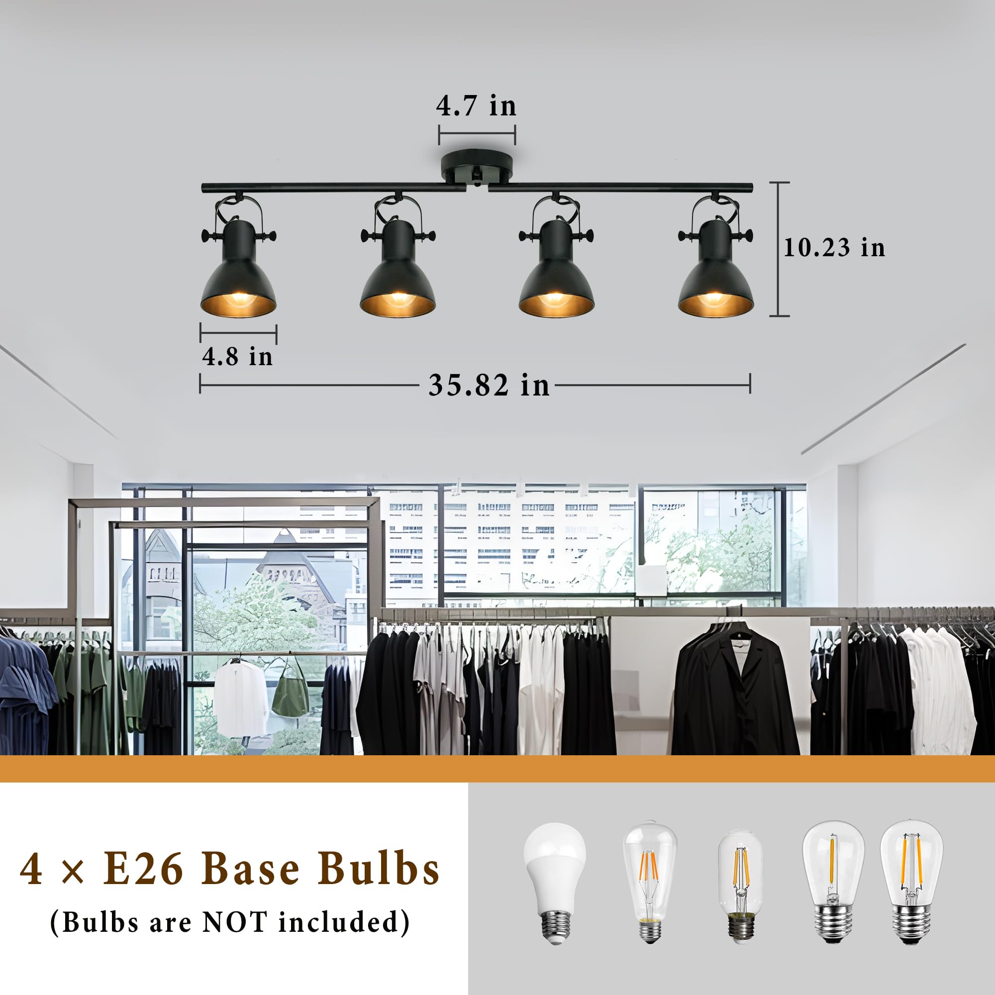 Black Adjustable Track Lighting Kit - 4 Light Ceiling Fixture for Kitchen, Living Room, Office & Commercial Spaces | Dimmable Industrial Lighting for Galleries, Malls & Billiard Tables | Easy Angle Adjustment & Modern Design