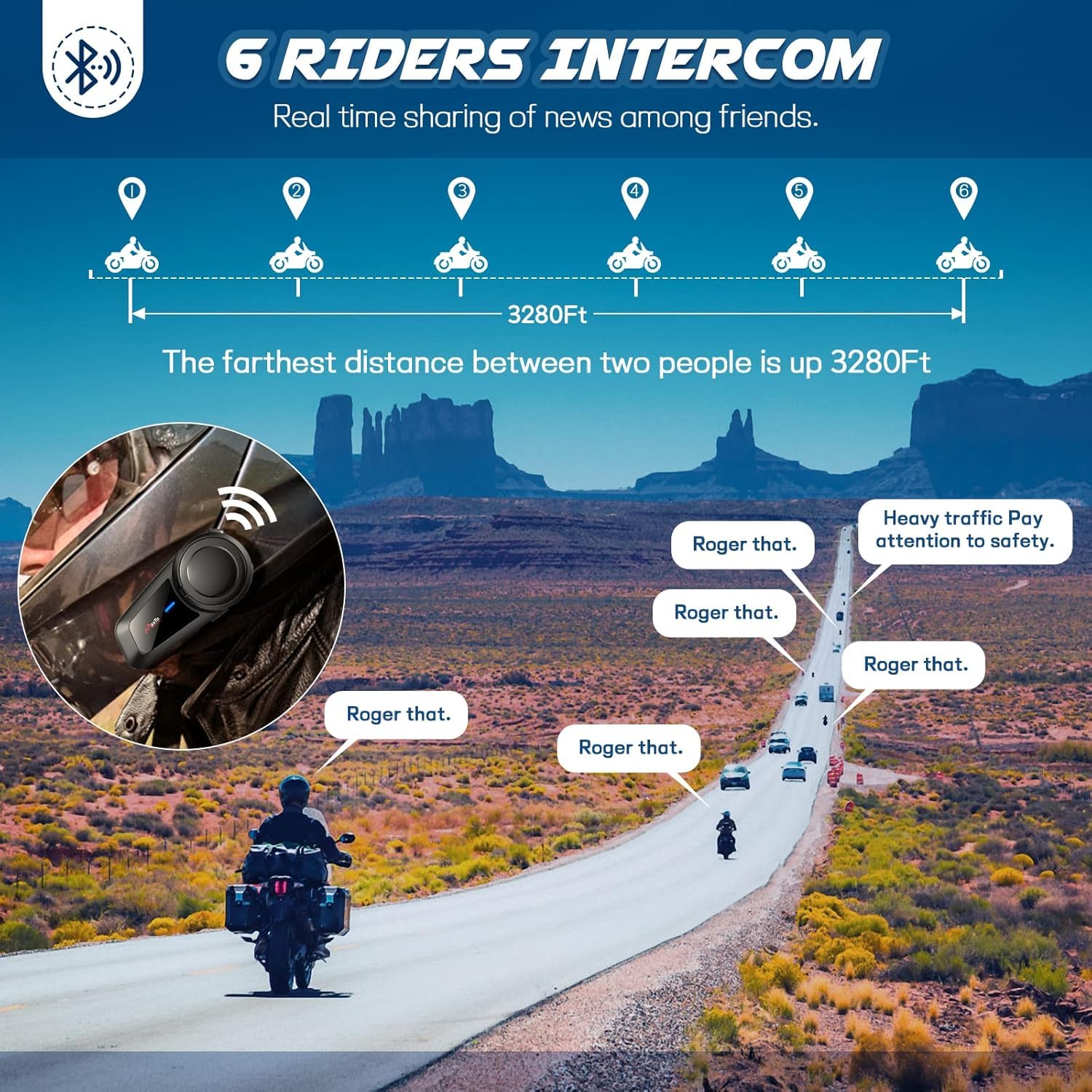MAXTO M2 Bluetooth Motorcycle Helmet Headset - Wireless Intercom for 2-6 Riders with 1000m Range, Universal Pairing, Waterproof Design for Group Communication - Perfect for Motorcycling, Skiing & Outdoor Sports