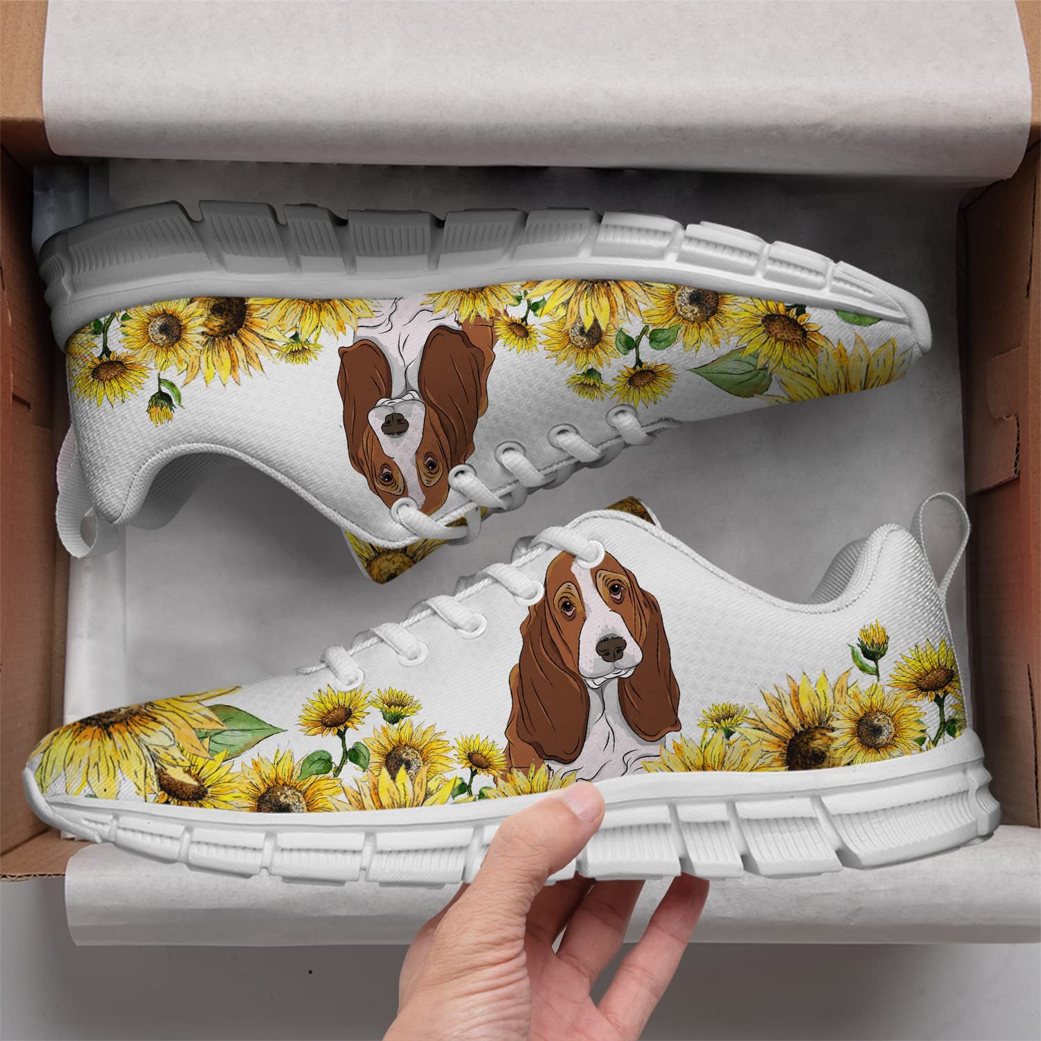 Women's White Sunflower Basset Hound Dog Print Sneakers - Breathable Mesh Running Shoes for Women & Girls (Men's Size 11, Women's Size 13) - Perfect Gift for Bestie, Casual Wear & Outdoor Activities