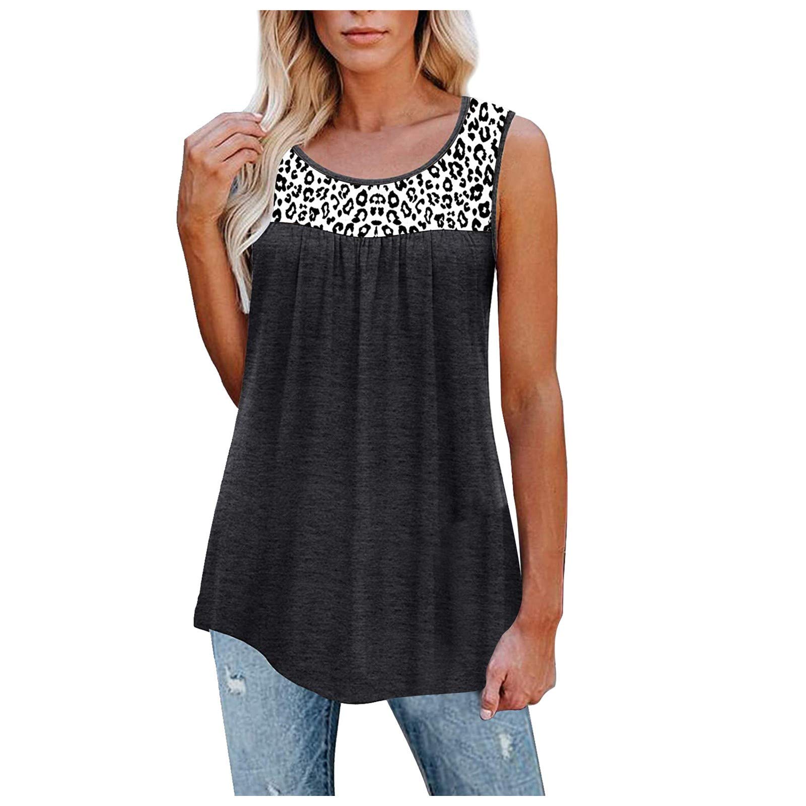 Vacger Women's Sleeveless Leopard Print Cotton Tank Top - Ruffle Loose Fit Tunic Blouse for Yoga, Gym & Summer Casual Wear