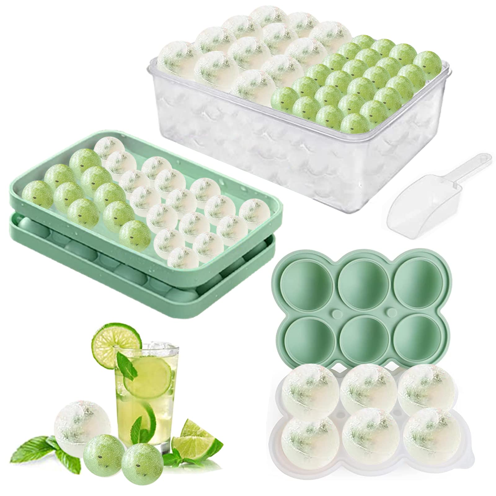 Premium ROJMHS 2-Pack Silicone Ice Ball Maker with Storage Container - Large Round Ice Cube Trays for Freezer, Easy Release Whiskey & Cocktail Ice Spheres Mold (Green) - Perfect for Bourbon, Scotch, and Chilled Beverages at Home Bars or Parties