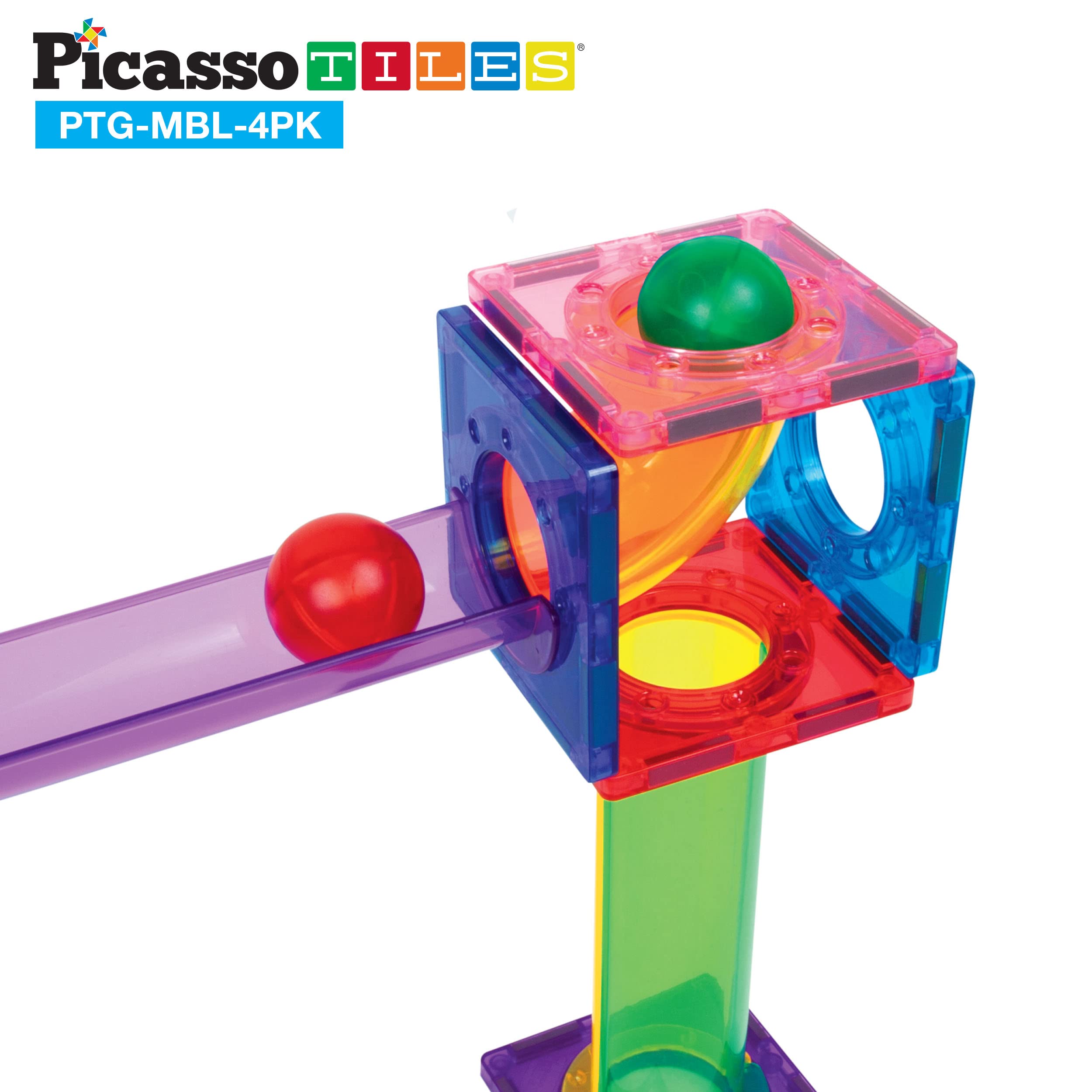 PicassoTiles 4-Piece Marble Run Set for Magnetic Building Blocks - STEM Educational Construction Toy with Race Track & Maze for Boys & Girls Ages 3+ - Perfect for Creative Play, Early Learning & Family Game Nights