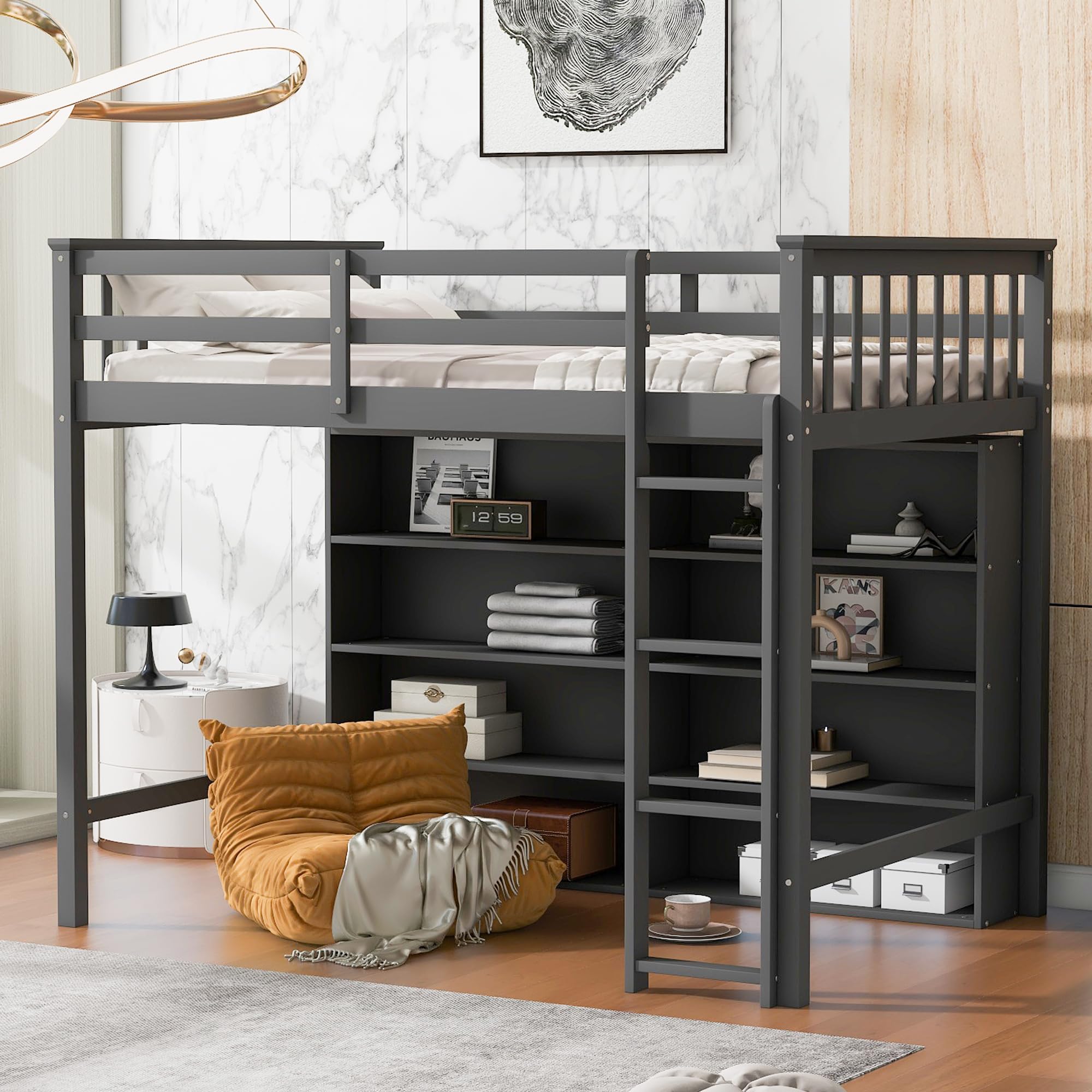 SOFTSEA Twin Size Loft Bed with Storage Shelves & Bookcase - Solid Wood High Loft Bed Frame with Underbed Space & Ladder - Perfect for Kids, Boys, Girls & Teens Bedroom - Space-Saving Grey Loft Bed for Small Rooms, Dorms & Apartments