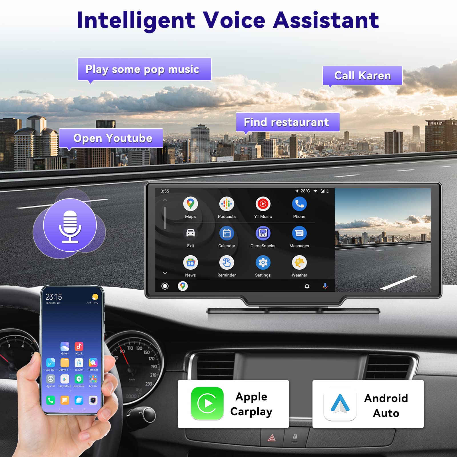 9.3 Inch Touch Screen Car Stereo with Wireless CarPlay & Android Auto | Bluetooth, AUX/FM, Voice Control | Front Dash & Rear View Camera | 7-32V Dashboard Mount | Perfect for Road Trips, Commuting & Hands-Free Driving