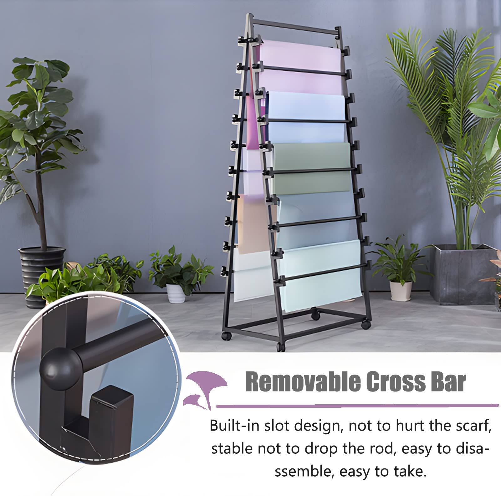 10-Tier Metal Ribbon Storage Organizer Rack - Movable Scarf, Wrapping Paper & Fabric Holder with Removable Crossbar - Perfect for Florists, Gift Shops & Craft Rooms (Black) - Organize Ribbons, Shawls & DIY Supplies in Style