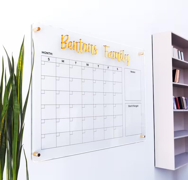 Custom 3D Gold Acrylic Wall Calendar - Personalized Family Planner & Monthly Dry Erase Board - Perfect for Home, Office & Gift Giving