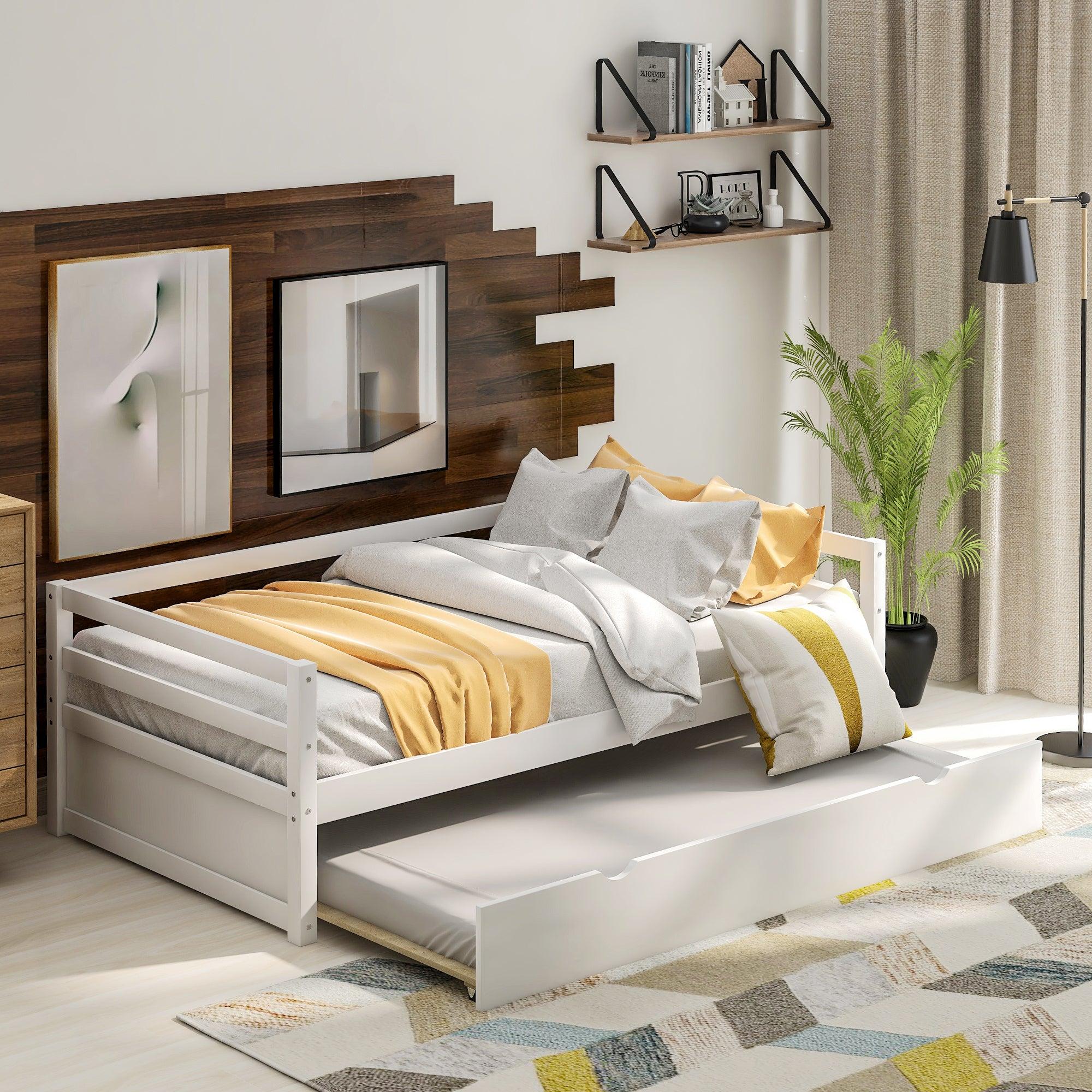 White Twin Size Daybed with Trundle Frame Set - Perfect for Guest Rooms, Dormitories & Small Spaces