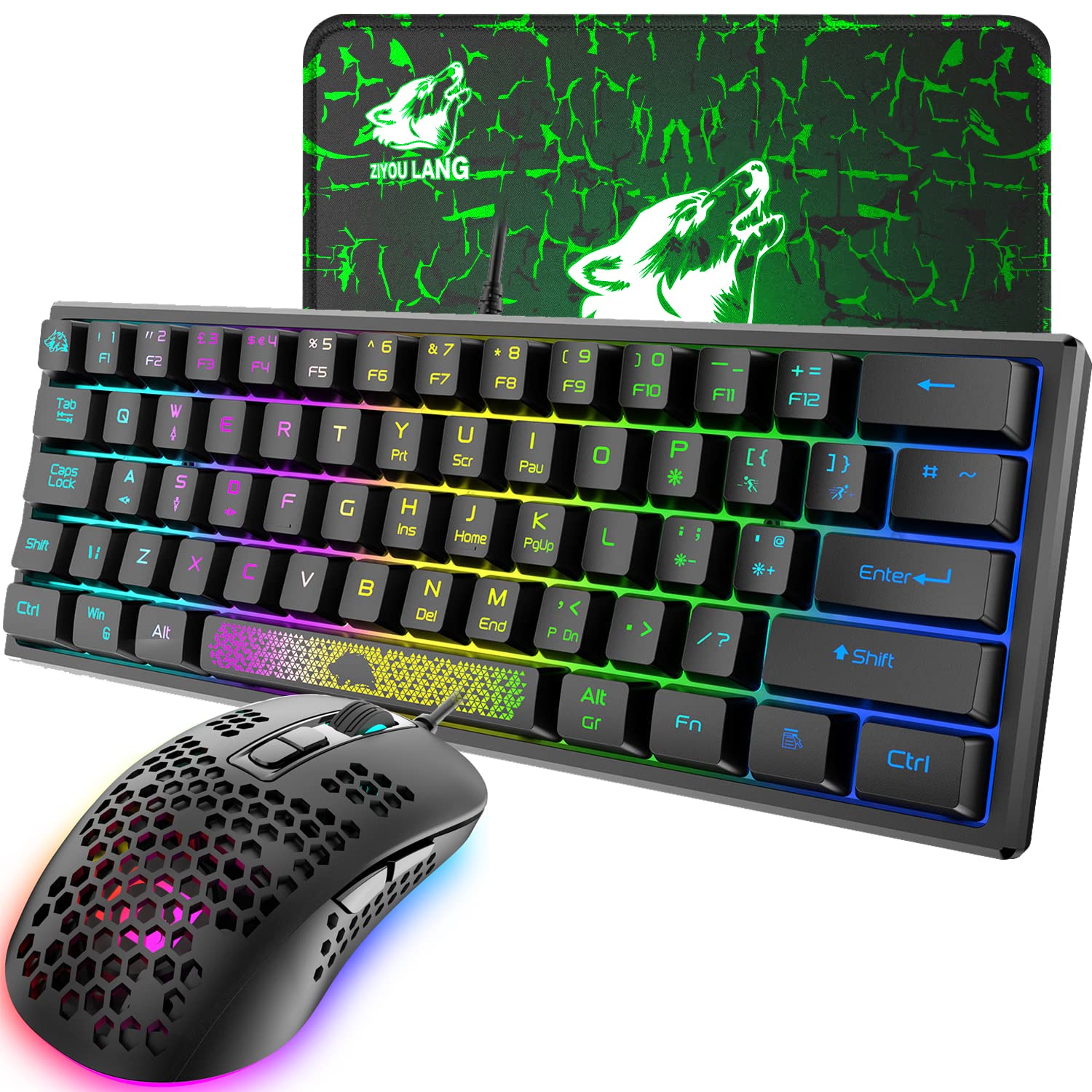 RK61 60% Mechanical Gaming Keyboard and Mouse Combo - RGB Backlit Wired Keyboard, 2400 DPI Honeycomb Gaming Mouse with Mouse Pad for PC Gamers (Black) | Perfect for Esports, FPS & MMO Gaming