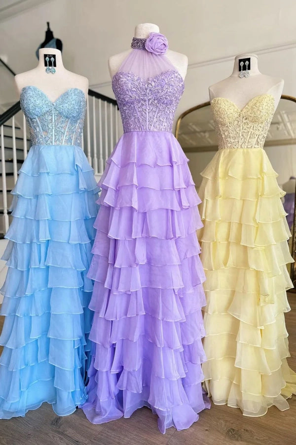 Elegant A-Line Halter Neck Floral Tiered Long Prom Dress in Hot Pink - TP1330 | Perfect for Homecoming, Prom Night, and Formal Events