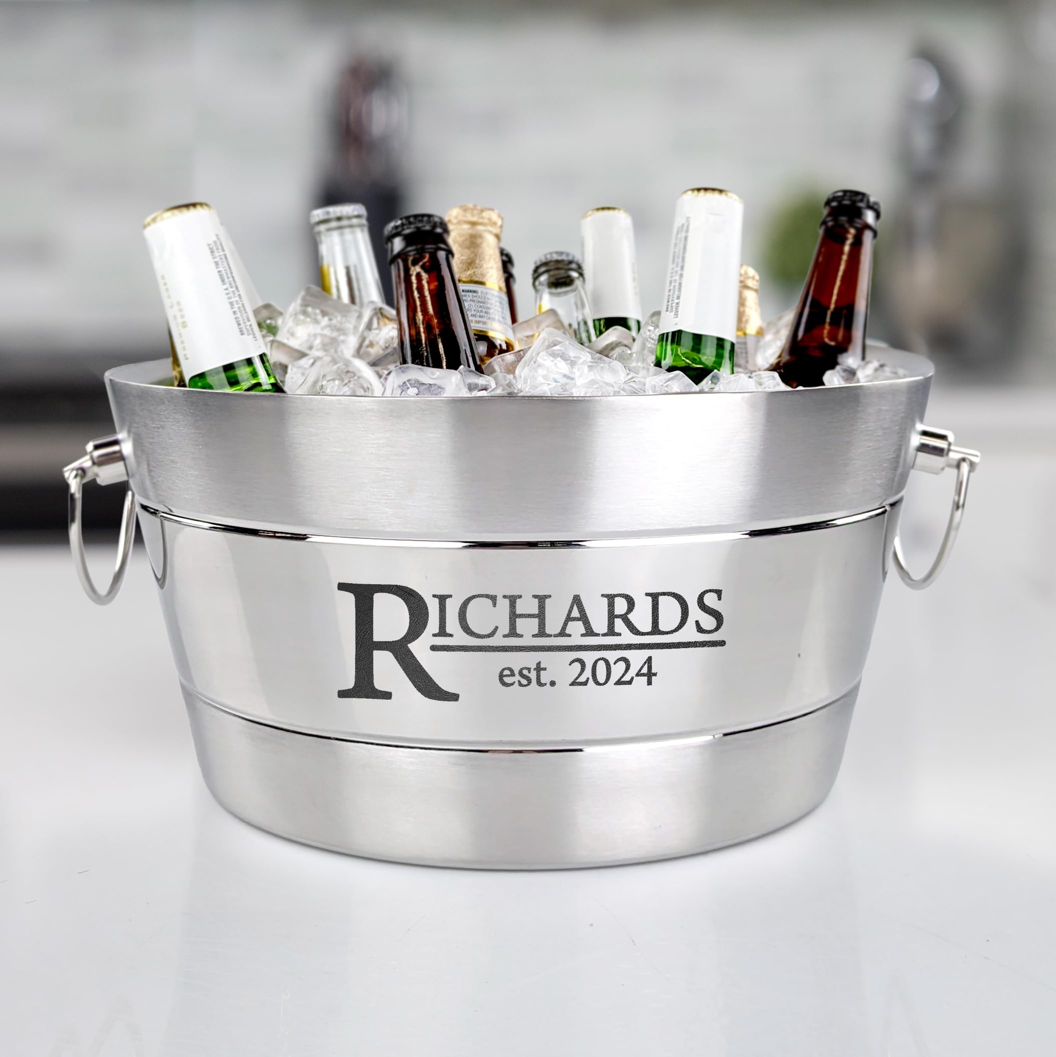 BREKX Personalized Hammered Stainless Steel Double-Wall Insulated Drink Tub with Stand & Ice Bucket - 12 Quart (3 Gallon) Beverage Cooler for Parties, Weddings, Anniversaries | Perfect for Outdoor Events, BBQ, Poolside Gatherings & Engagement Gifts