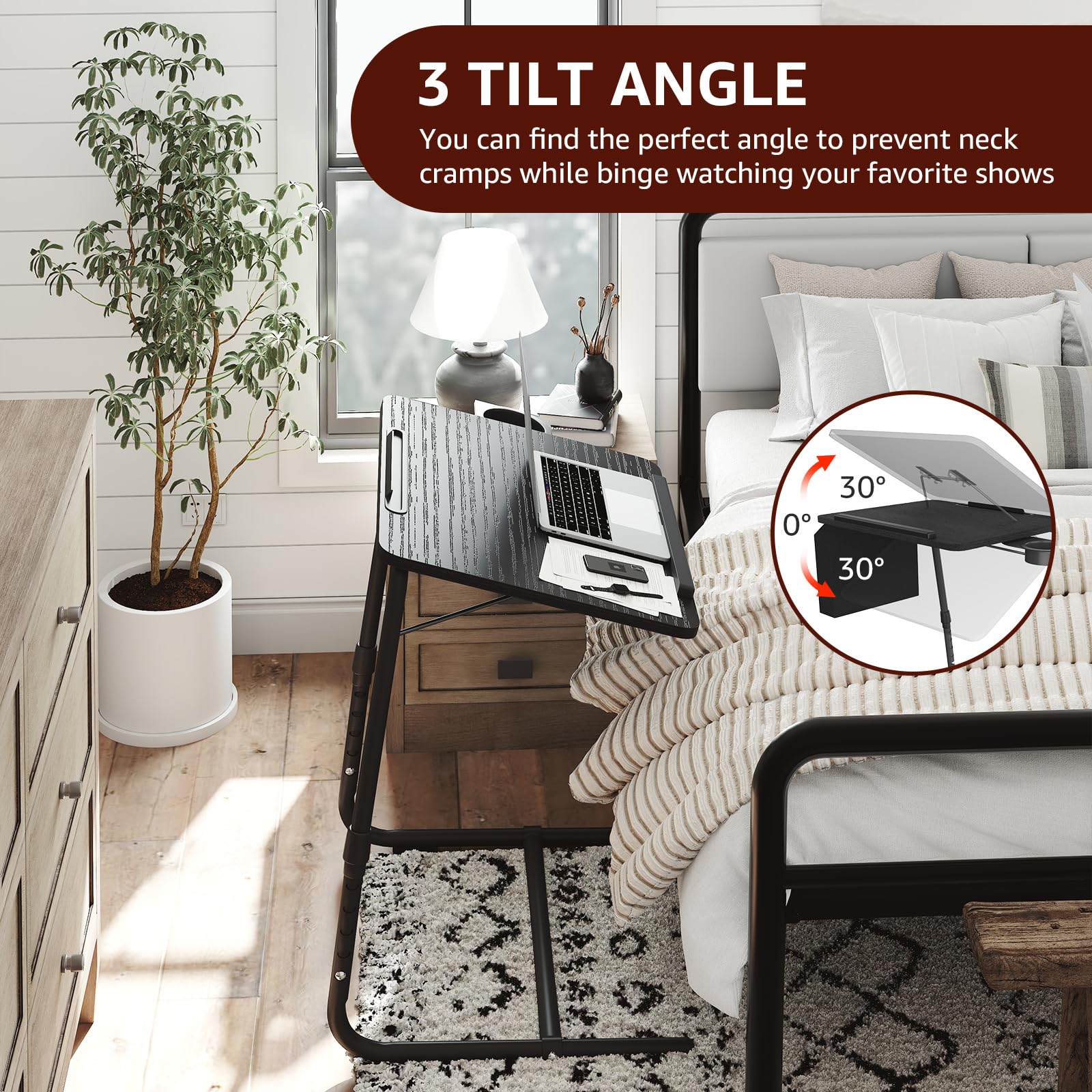 Adjustable TV Tray Stand - Black Folding Dinner Tray with Cup Holder | Portable Wooden Table for Eating on Couch, Bed, Office & Outdoor Use