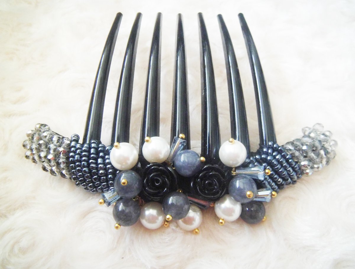 French Twist Hair Comb with Bead & Pearl Decoration - Elegant Gray Hair Accessory for Weddings, Prom & Formal Events