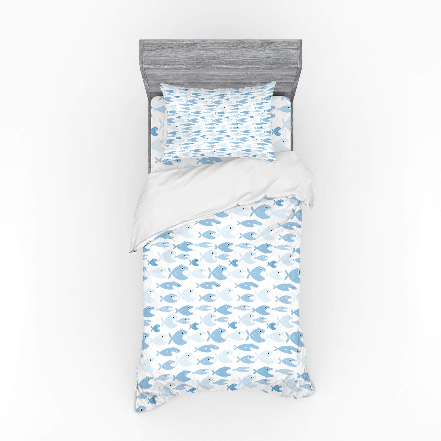 Ambesonne 3-Piece Twin Size Fish Duvet Cover Set - Cartoon Piranha Aquatic Design with Pale Blue Color | Includes Duvet Cover, Sham & Fitted Sheet | Perfect for Kids' Rooms, Beach Themed Bedrooms & Marine Life Decor