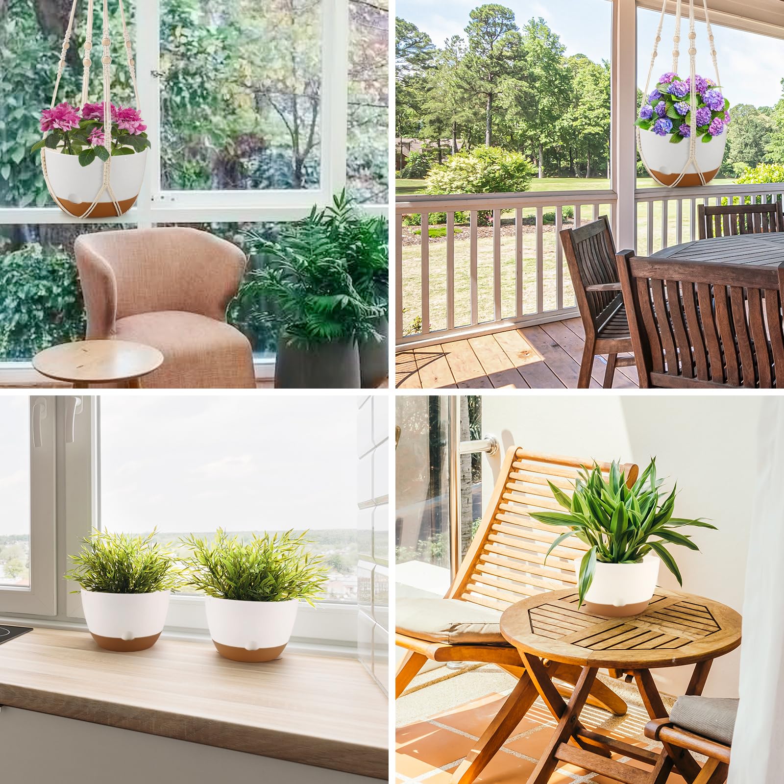 10 Inch Self Watering Hanging Planters (2 Pack) - White Flower Pots with Drainage Holes, Saucers & Macrame Rope Hangers for Indoor Outdoor Garden, Patio, Balcony Decor