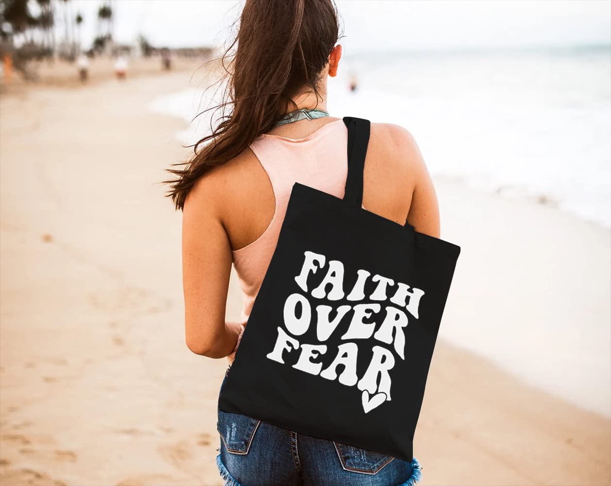 Faith Over Fear Motivational Canvas Tote Bag - Reusable Grocery Shopping Bag for Women, Christian Inspirational Gift - Perfect for Church, Bible Study & Daily Errands