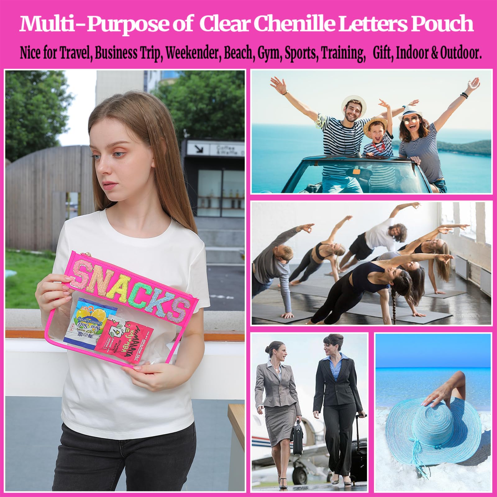 Glitter Chenille Clear Snack Pouch Bag - Transparent Zipper Travel Snack Bags for Women (Hot Pink) - Perfect for School, Office, Travel & Party Snack Storage