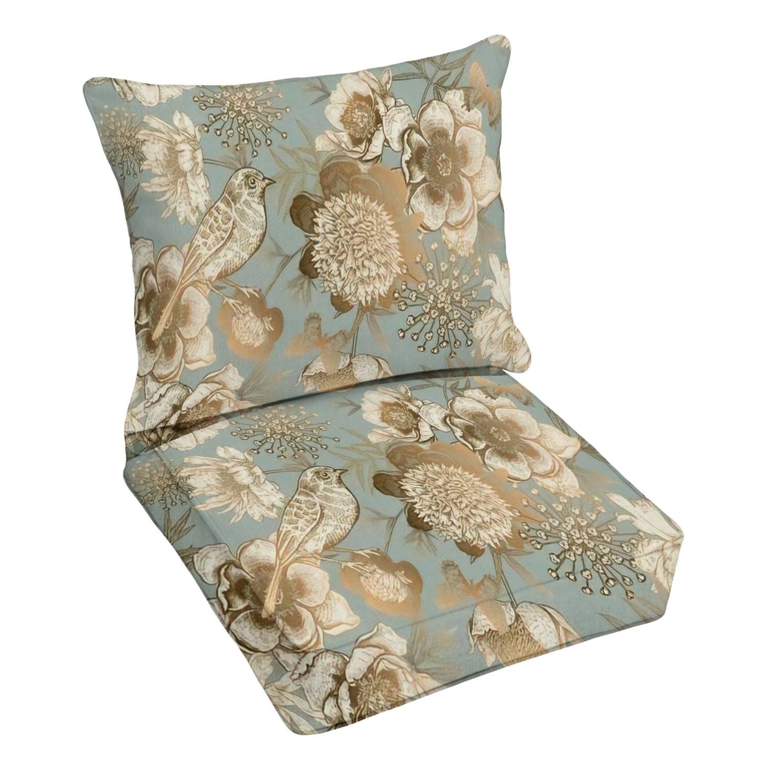 Luxury Outdoor Deep Seating Cushion Set - Blue & Gold Foil Printed Patio Furniture Replacement Cushions for Lounge Chairs - Perfect for Backyard, Poolside & Conversation Areas