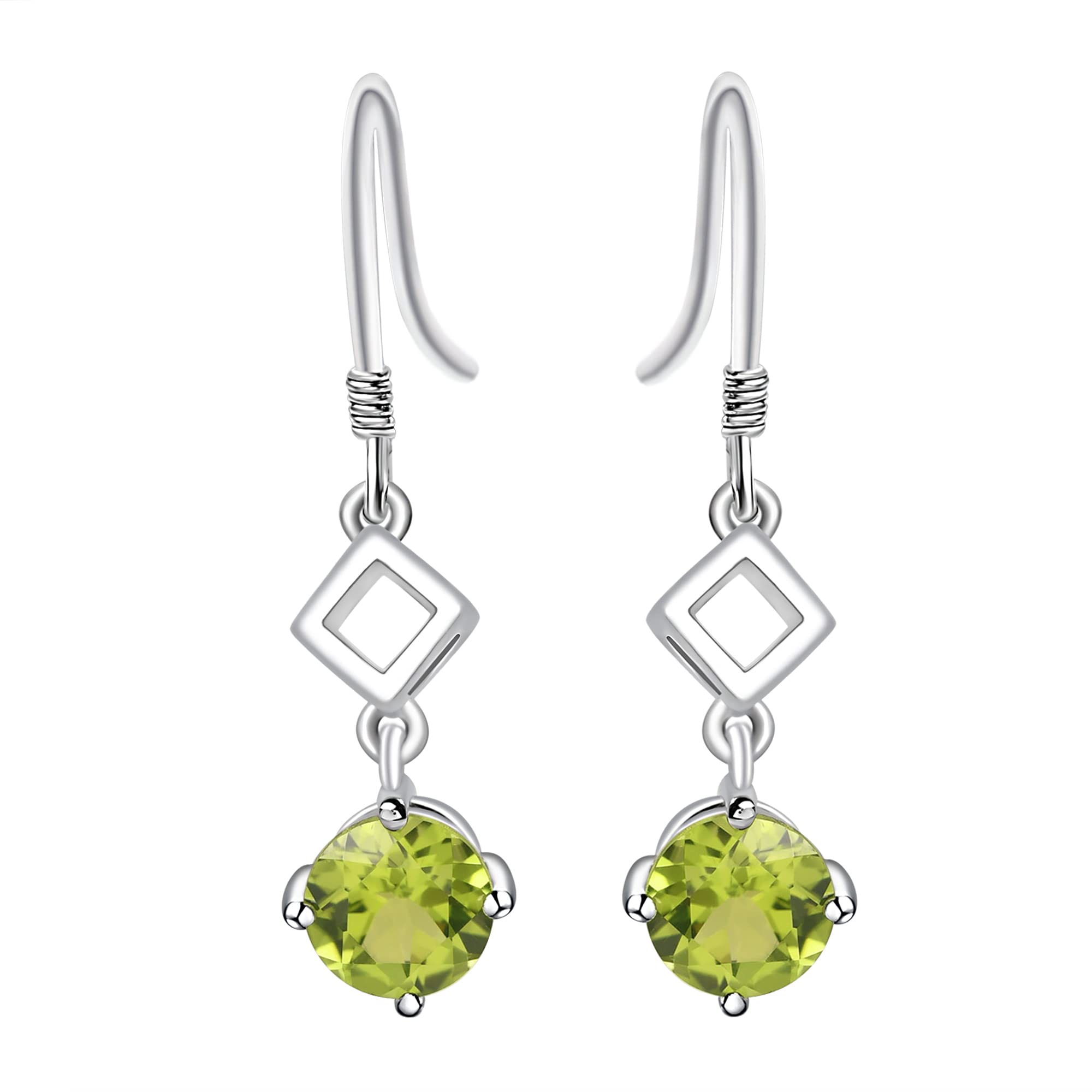 S925 Sterling Silver Peridot Dangle Earrings for Women - Round Green Gemstone Drop Earrings for Bridal, Wedding, Party & Everyday Wear