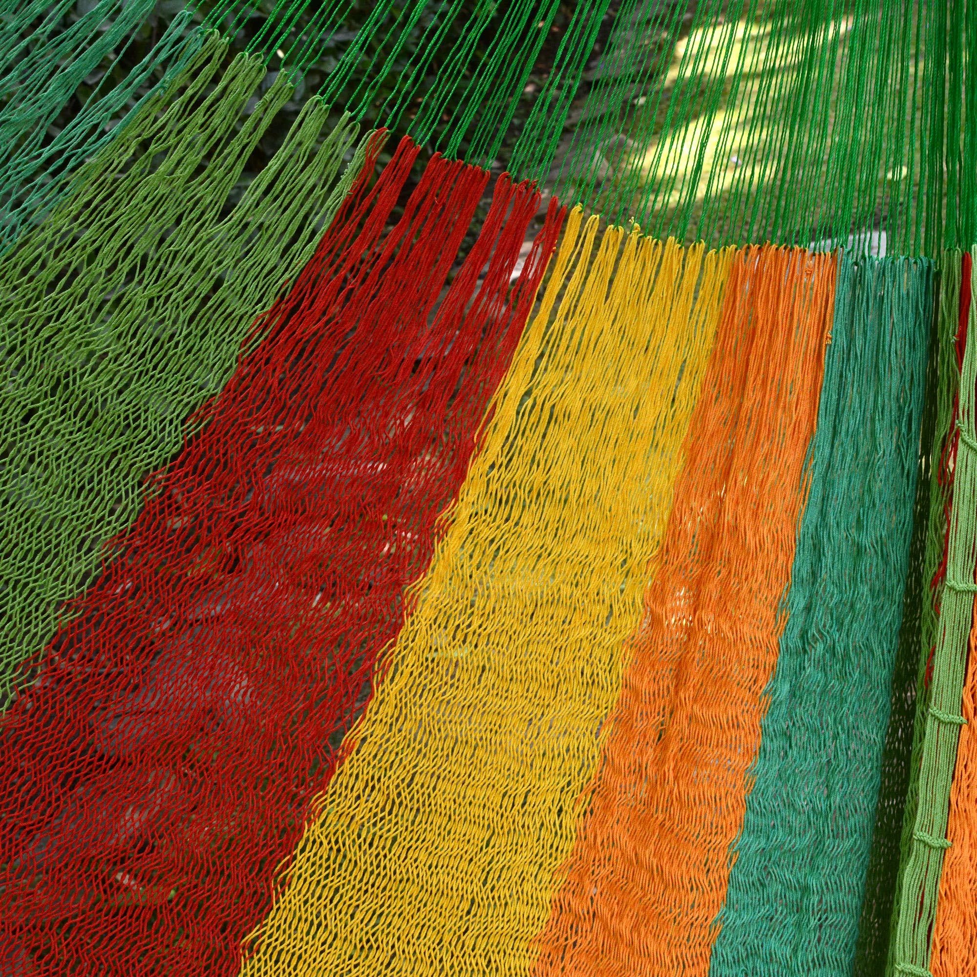 NOVICA Double XL Mayan Rope Hammock - Handwoven Cotton with Green, Yellow & Red Stripes - 2 Person Hammock for Outdoor Relaxation, Backyard Lounging & Beach Vacations