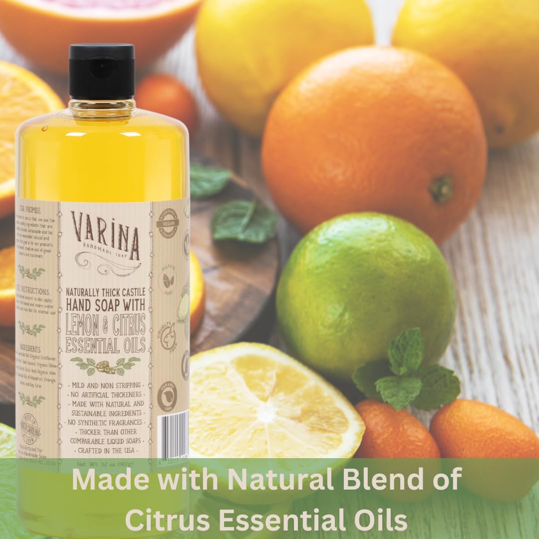 Varina Organic Castile Liquid Soap - Citrus Scented, 32oz Bottle - Vegan, Biodegradable & Chemical-Free for Body Wash, Hand Soap & Household Cleaning