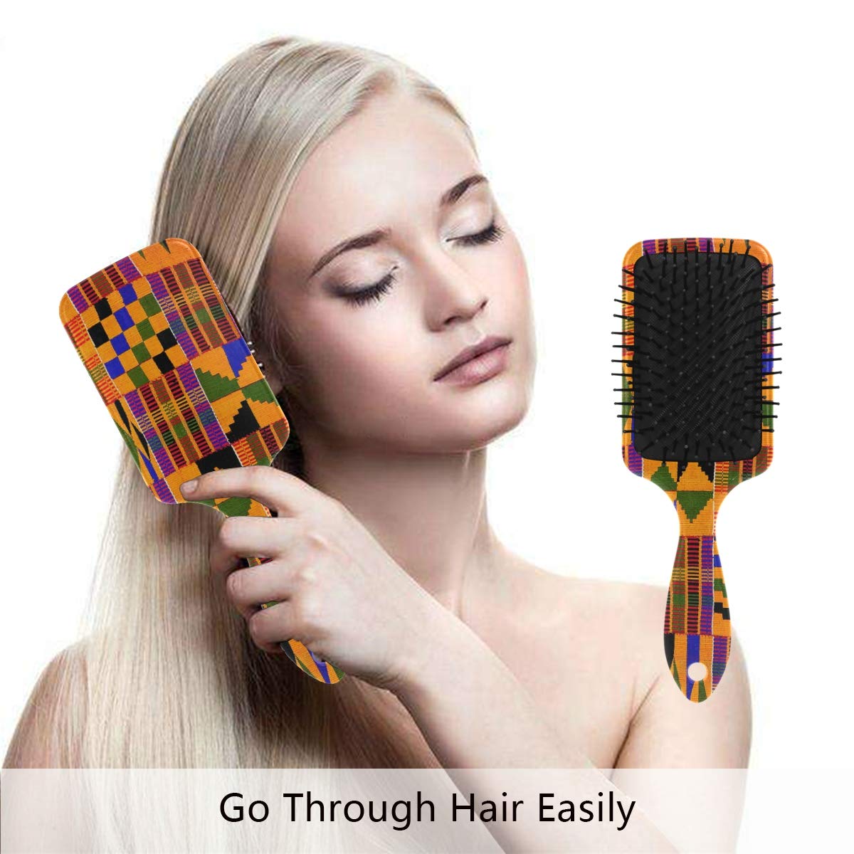 Women's Anti-Static Air Cushion Hair Brush with Soft Nylon Pins - Ghana Kente Cloth Design Paddle Comb for Detangling & Scalp Massage | Perfect for Daily Styling, Travel & Hair Care Routine