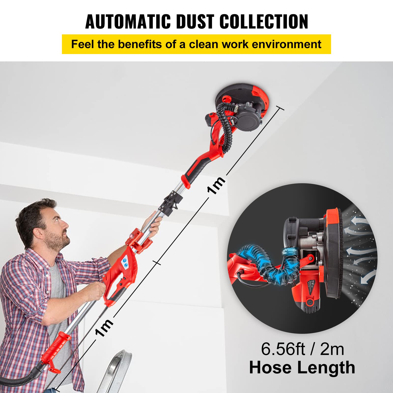 Mophorn 850W Electric Drywall Sander with Telescopic Handle, Variable Speed 800-1750RPM, LED Light & Vacuum Bag - 6 Sand Pads Included for Smooth Wall Finishing | Perfect for Home Renovation, Drywall Repair, and Professional Construction Projects