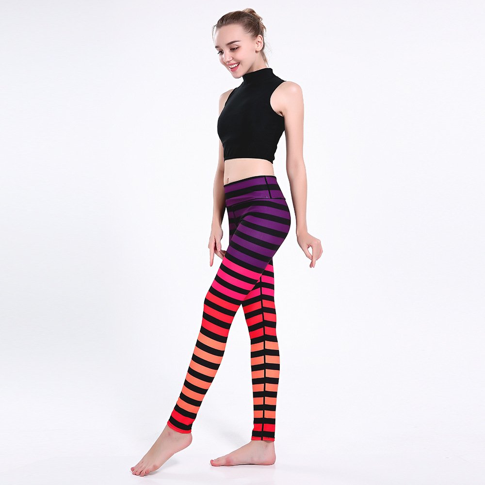 Women's High Waisted Striped Yoga Pants with Tummy Control - Ankle Length Workout Leggings for Running, Gym & Lounge Wear