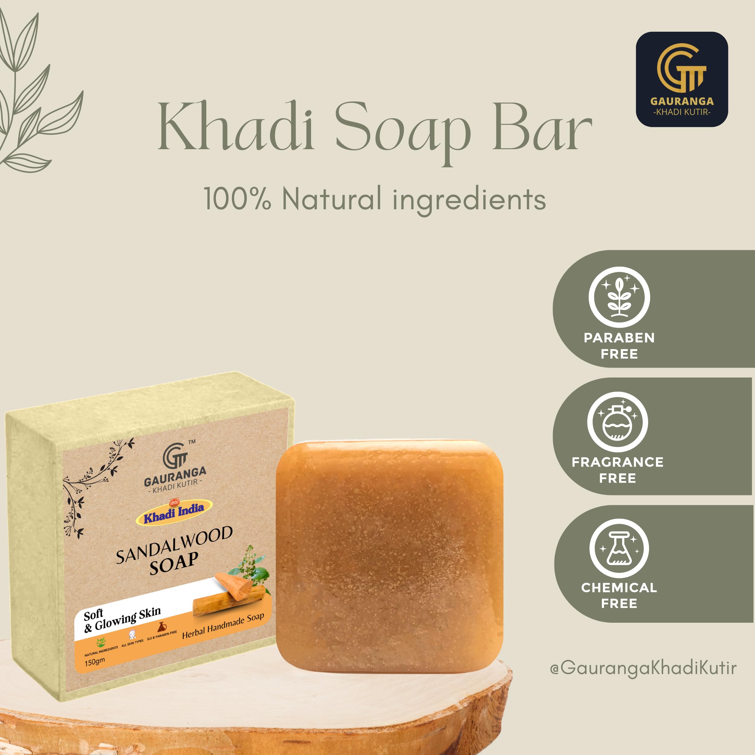 Gauranga Khadi Chandan Soap 150g - Premium Handmade Sandalwood Herbal Soap for Glowing Skin & Hydration | Natural Aroma & Gentle Cleansing | Men & Women Bath Soap with Soothing Fragrance | Perfect for Daily Skincare & Relaxing Bath Time