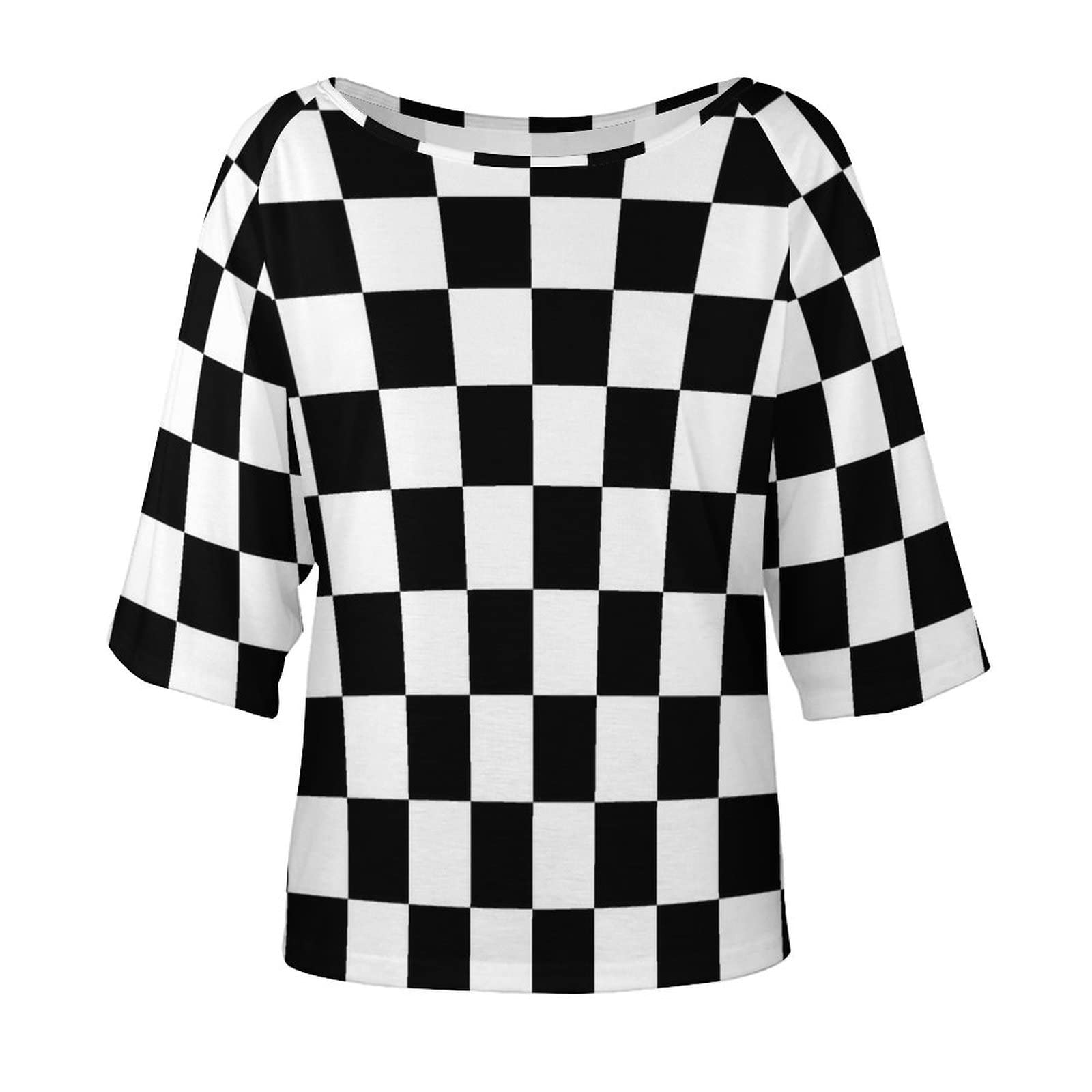 Sexy Black & White Checkered Flag Off-Shoulder T-Shirt for Women - Casual Short Sleeve Race Car Inspired Top - Perfect for Racing Events, Concerts & Summer Outfits