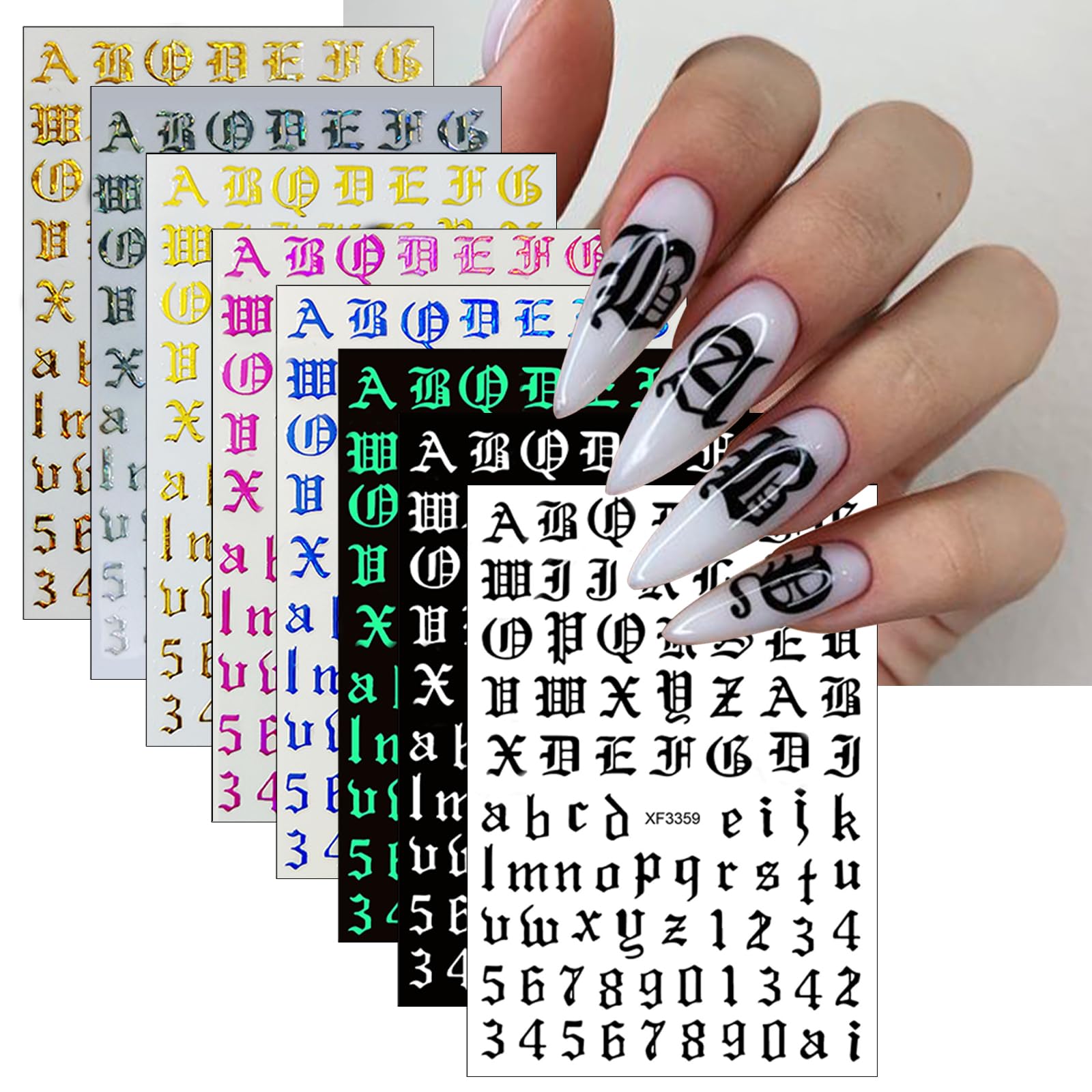 Holographic 3D Self-Adhesive Old English Alphabet Nail Art Decals - 8 Sheets with 8 Colors for Women & Girls DIY Manicure | Perfect for Parties, Weddings, and Special Occasions