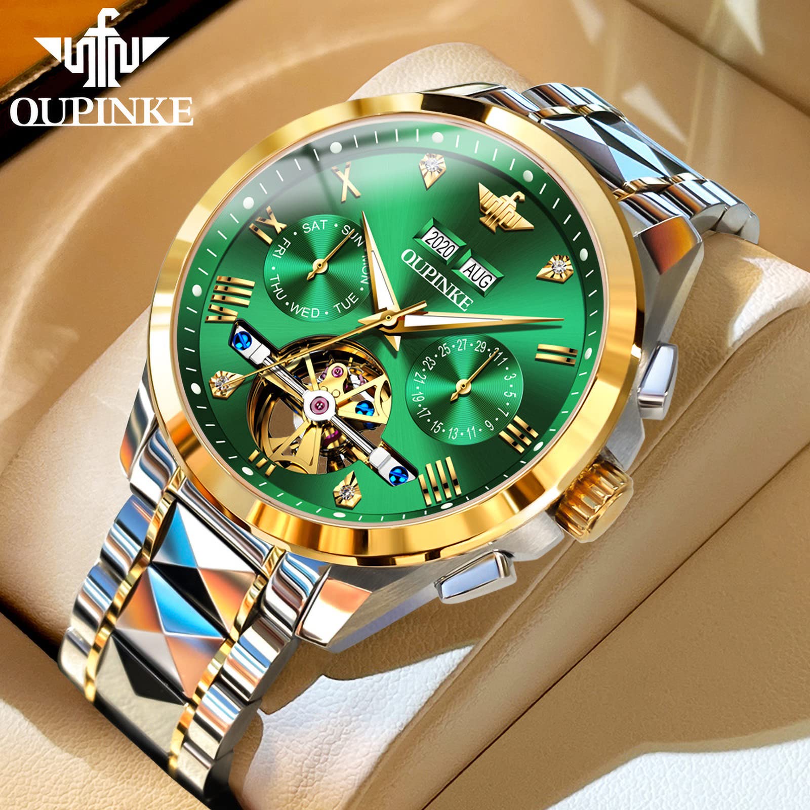 OUPINKE Men's Automatic Skeleton Watch - Self-Winding Mechanical Watch with Sapphire Crystal, 50M Waterproof & Tungsten Steel Case - Perfect for Business, Formal Events & Everyday Wear