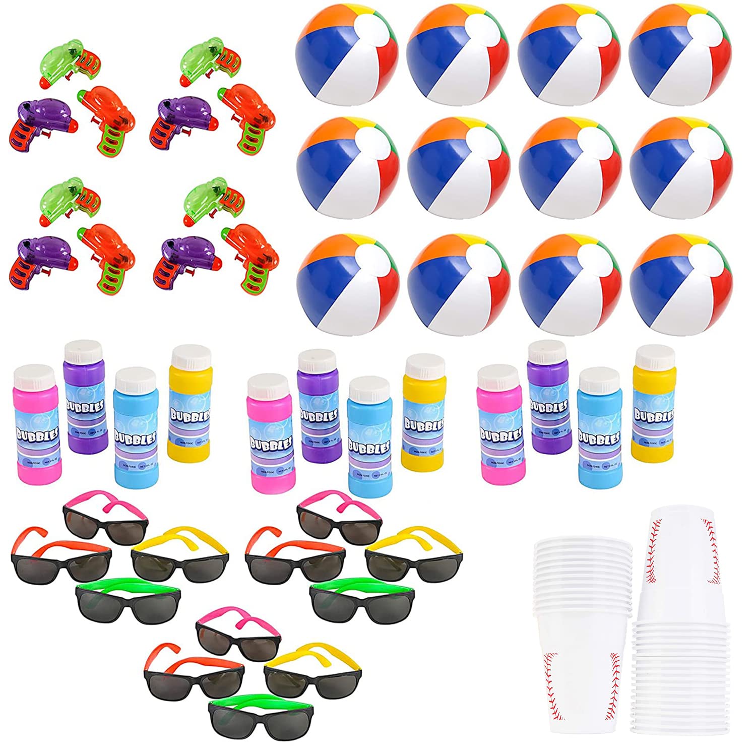 48-Piece Summer Fun Toy Assortment for Kids - Bulk Pack Includes Sunglasses, Inflatable Beach Balls, Water Guns, Bubbles & More | 30-Pack Plastic Baseball Party Cups | Perfect for Beach Parties, Birthday Celebrations & Outdoor Activities