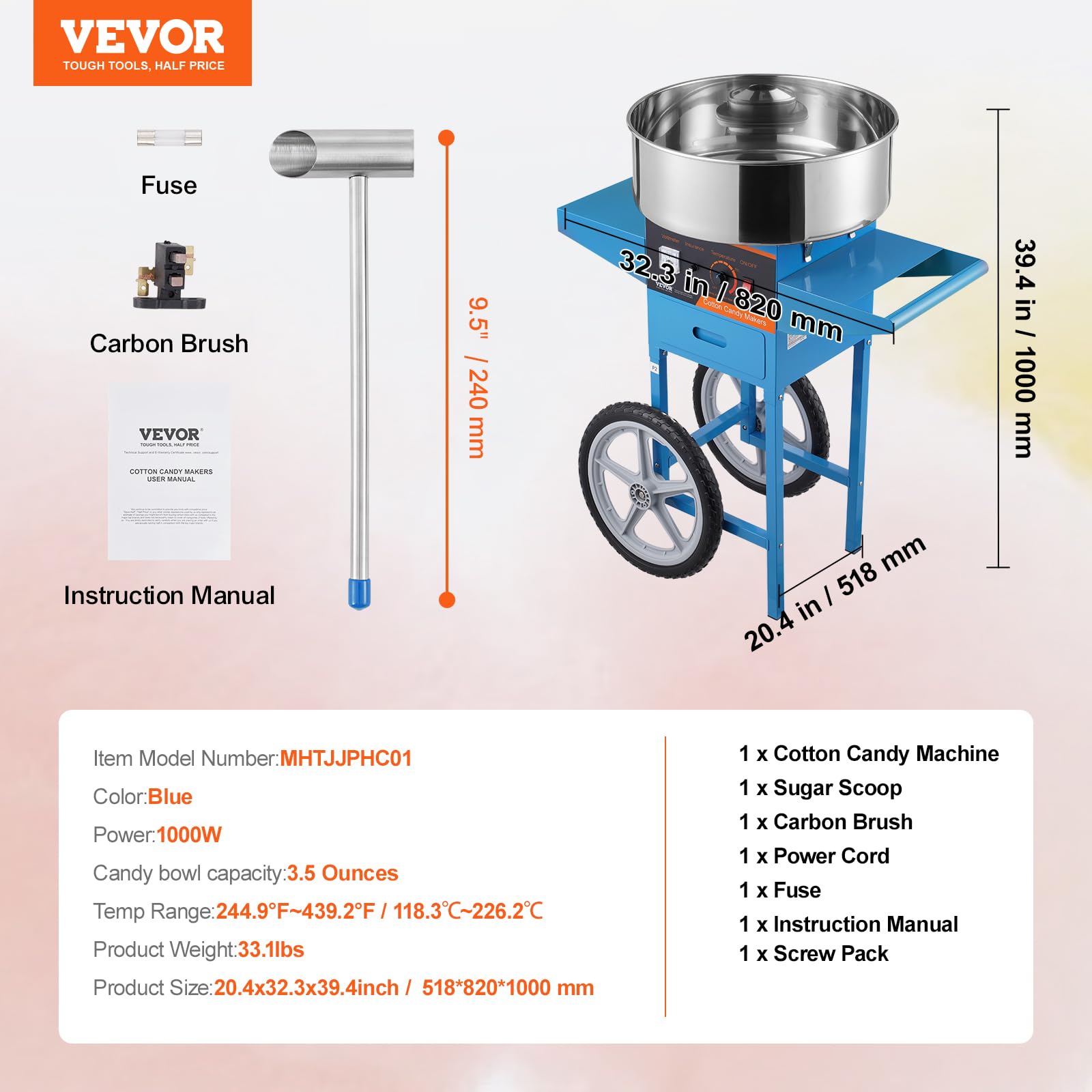 VBENLEM Commercial Cotton Candy Machine with Cart - Electric Candy Floss Maker with Stainless Steel Bowl, Sugar Scoop & Storage Drawer - Perfect for Birthday Parties, Carnival Events, Wedding Receptions & Home Use (Blue)