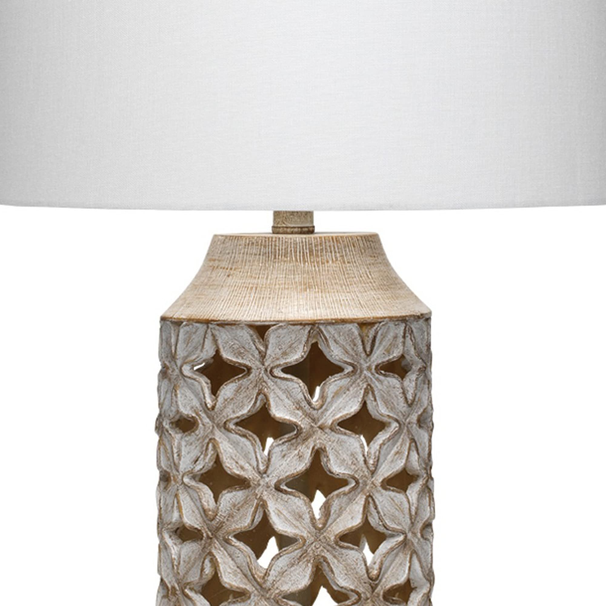 Benjara White and Gray Resin Table Lamp with Geometric Cutouts - Modern Home Decor for Living Room, Bedroom & Office Lighting