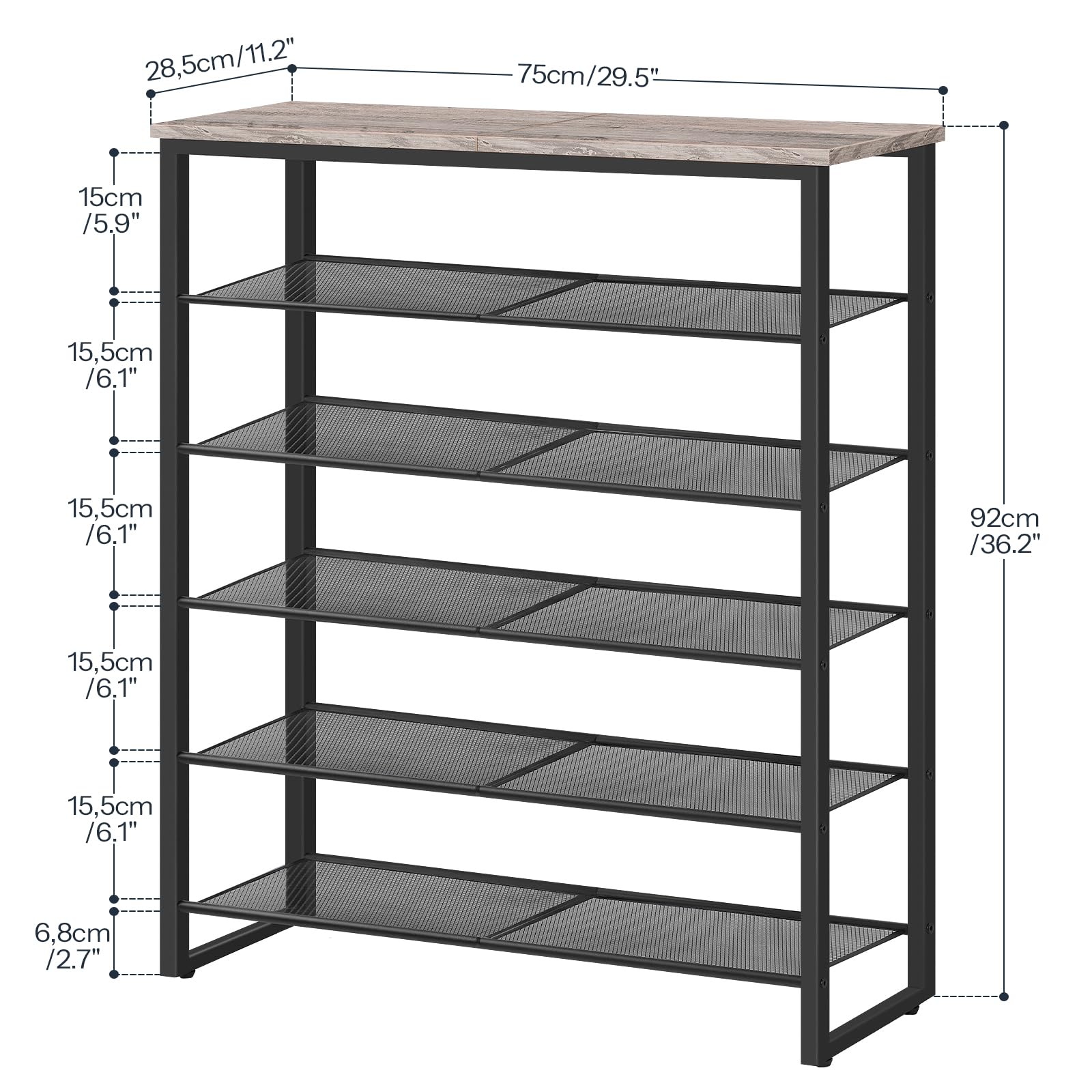 HOOBRO 6-Tier Shoe Rack Organizer - Holds 18-24 Pairs of Shoes, Large Capacity Entryway Storage Shelf for Closet, Hallway, Dorm Room - Industrial Style in Greige & Black (BG67XJ01G1) | Perfect for Small Spaces & Shoe Organization