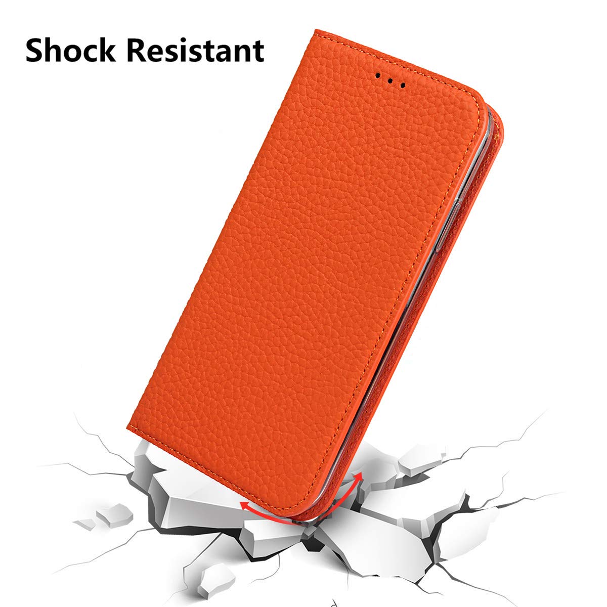 Genuine Leather Wallet Case for iPhone XR with Wrist Strap, Card Holder & Magnetic Closure - Kickstand Phone Cover (Orange) | Perfect for Everyday Use, Travel & Hands-Free Viewing