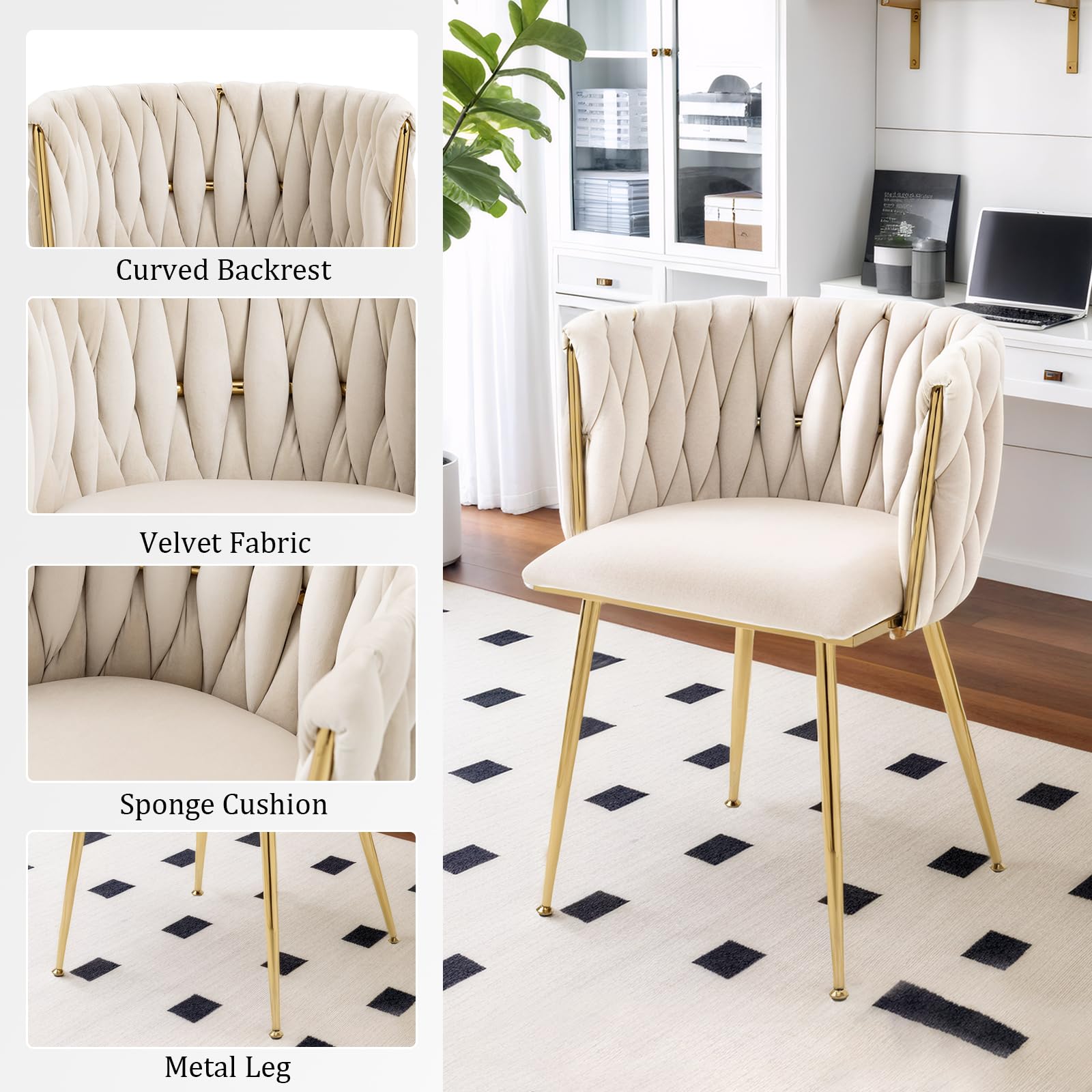 Luxury Velvet Dining Chairs Set of 2 - Modern Accent Chairs with Gold Metal Legs & Woven Upholstery for Living Room, Bedroom, Kitchen - Perfect for Home Decor, Dinner Parties & Cozy Seating
