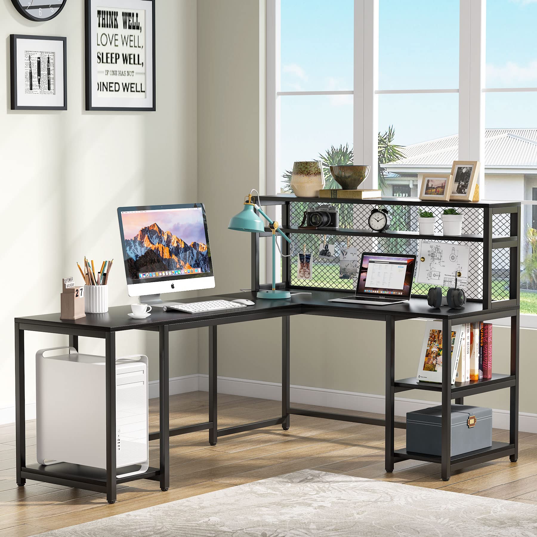 Tribesigns 67 Inch Reversible Large Computer Desk with Hutch - Home Office Desk, Study Table, Writing Desk Workstation with 5 Storage Shelves & 2-Tier Bookshelf - Perfect for Small Spaces, Remote Work & Student Dorm Rooms (Black)